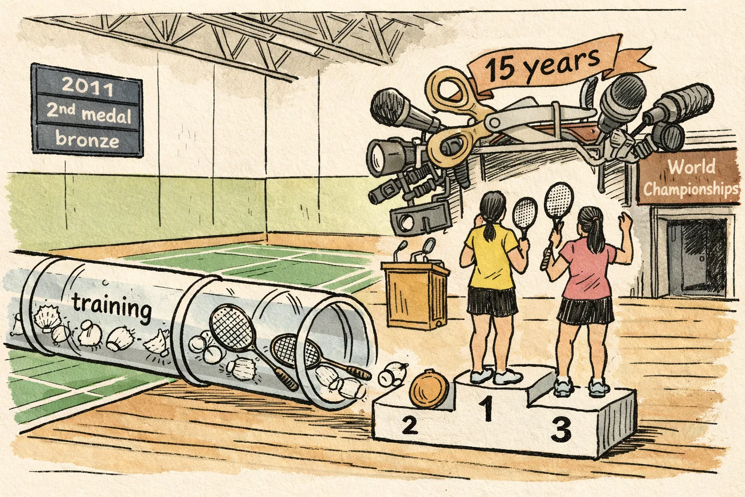 Two badminton players stand with a bronze medal beside a pipeline producing shuttlecocks and rackets, while cameras and oversized ceremonial scissors crowd a Hyderabad indoor training hall.