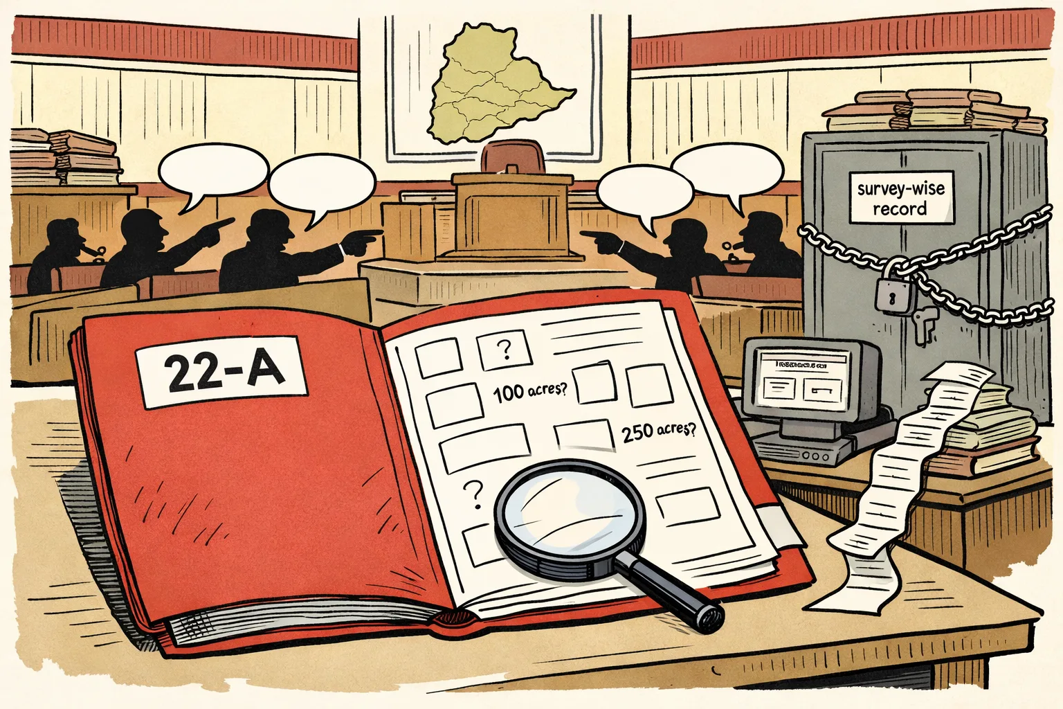 A giant file labelled 22-A sits open in a Telangana Assembly chamber with blank forms and question marks, while a locked records cupboard and a stalled land-records queue stand behind it.
