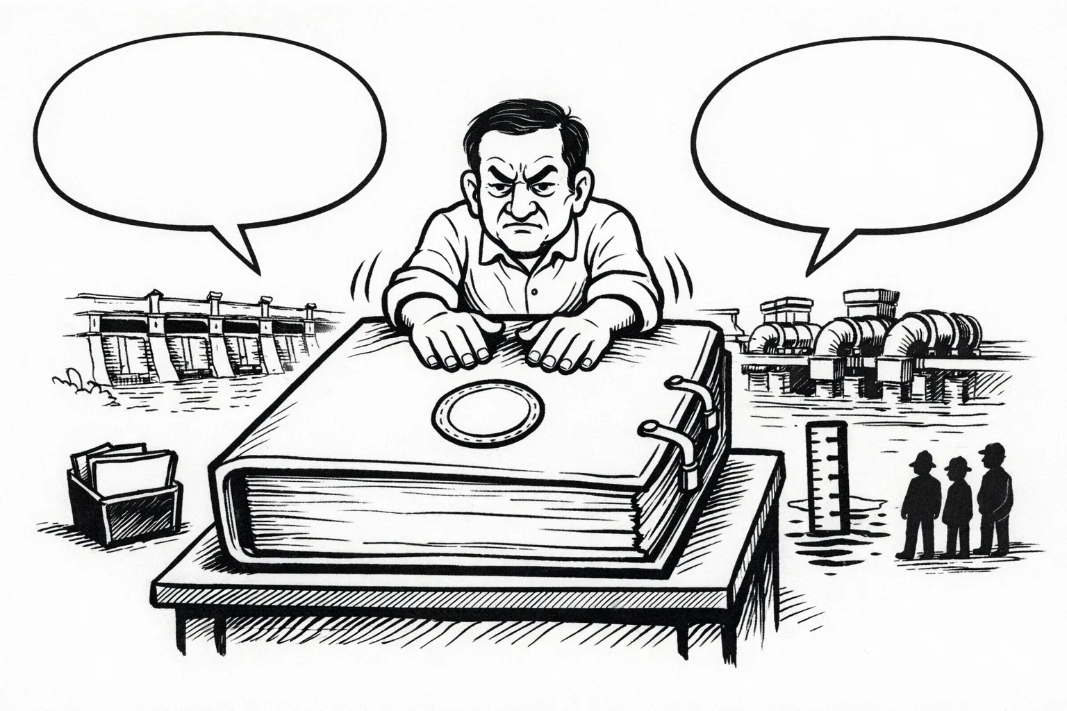 A giant sealed engineering file sits on a desk in front of a quiet Kaleshwaram barrage while a Telangana irrigation official holds it shut; small waiting workers and distant government files surround the scene.