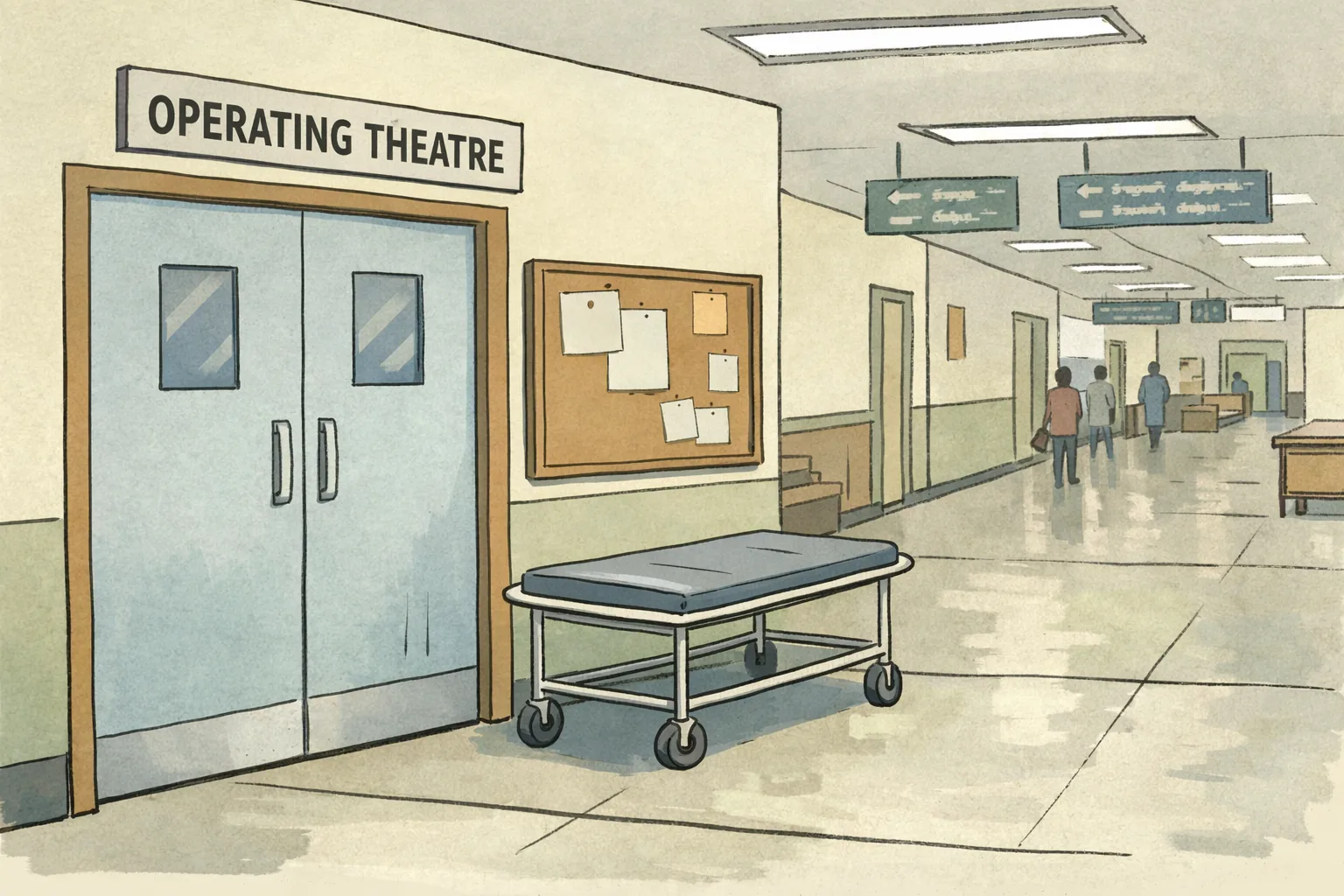 A quiet corridor at Gandhi Hospital in Hyderabad leads to a closed operating-theatre entrance, with an empty hospital trolley and a neutral notice board in the foreground.