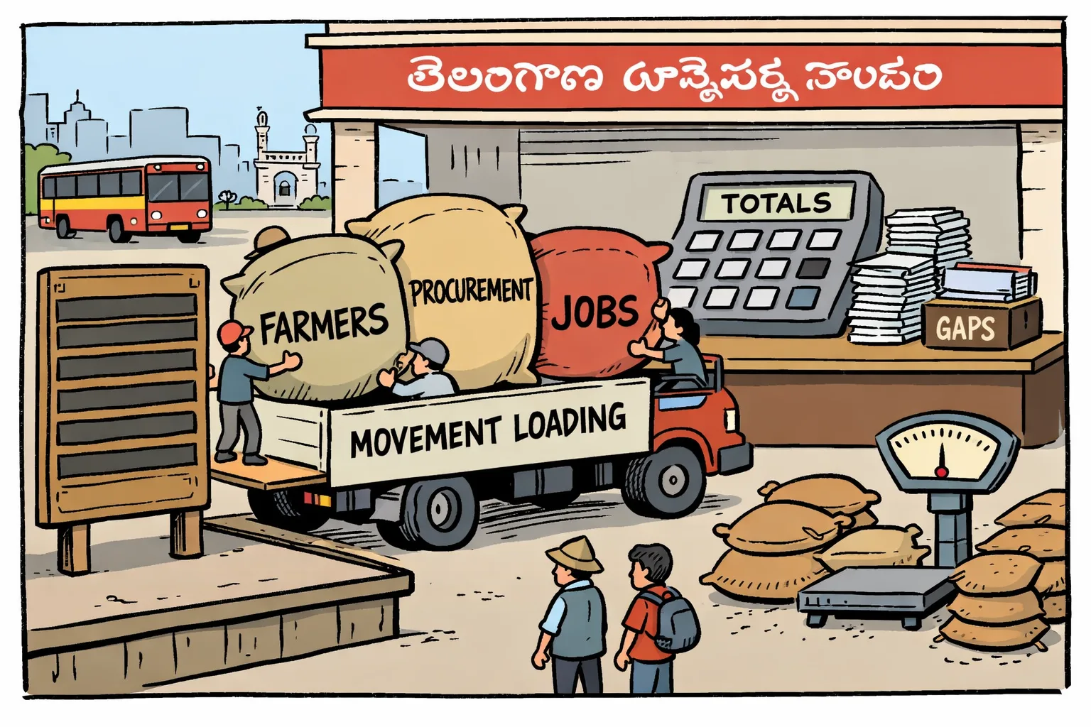 A Telangana political campaign vehicle marked “Movement Loading” sits beside overflowing files labelled farmers, procurement and jobs, while a government office behind it displays a large calculator and a stack of transfer receipts.