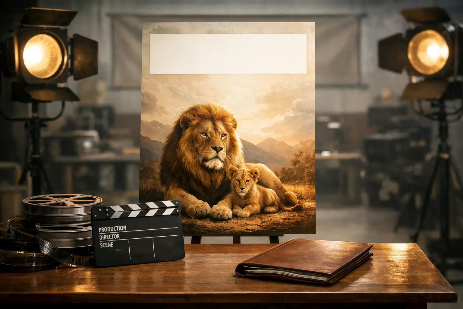 A film-production table with a blank poster board, script folder, clapperboard, reels and studio lights, with a lion-and-cub motif on the poster.