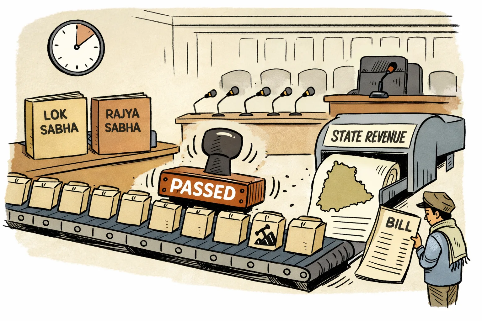 A cartoon Parliament stamp desk rapidly stamping a stack of Bills while a large bill labelled for state revenue is sent toward a Telangana-shaped ledger; most microphones are silent and a clock shows little working time.