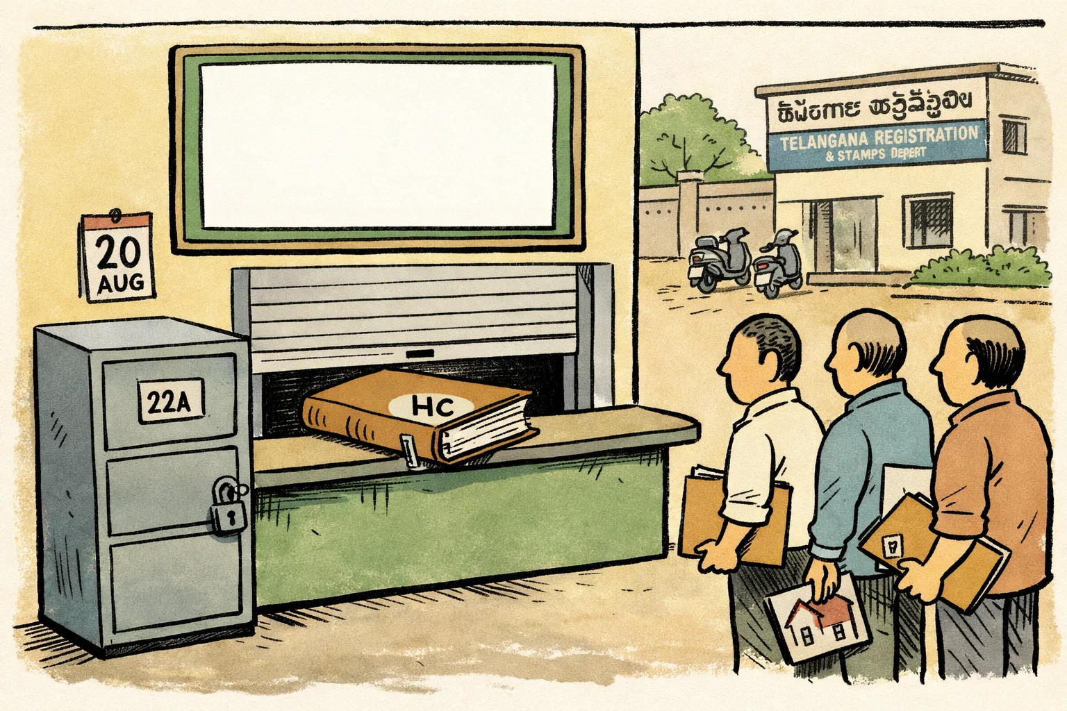 A locked Telangana property file sits behind a shuttered public-information counter, while a large blank noticeboard marked with a Section 22A folder hangs above a queue of faceless citizens holding house papers; a court file rests on the counter.