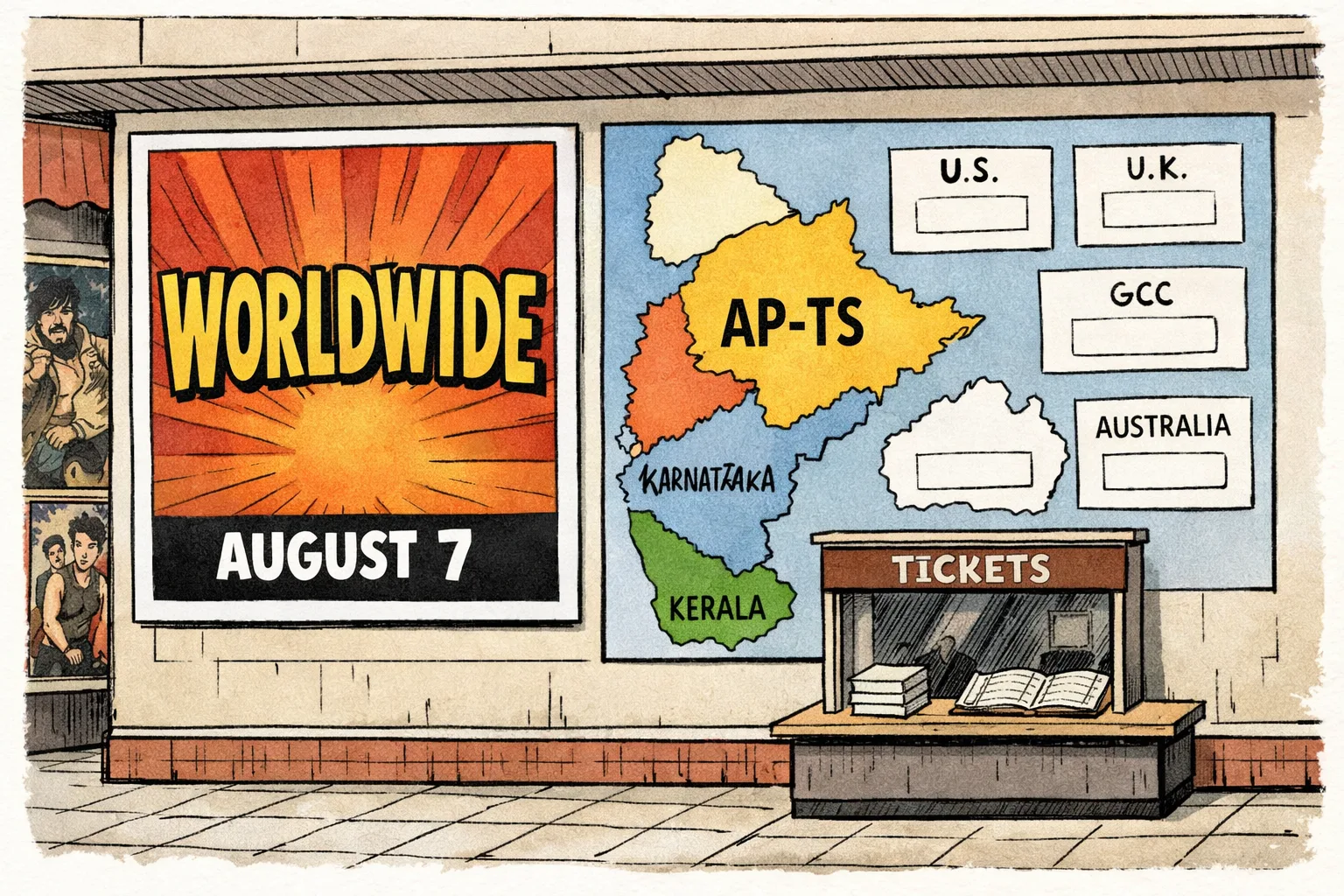 A Telangana cinema ticket counter displays a poster marked “WORLDWIDE”, while only Andhra Pradesh–Telangana, Kerala and Karnataka are filled on a wall map and overseas sections remain blank.