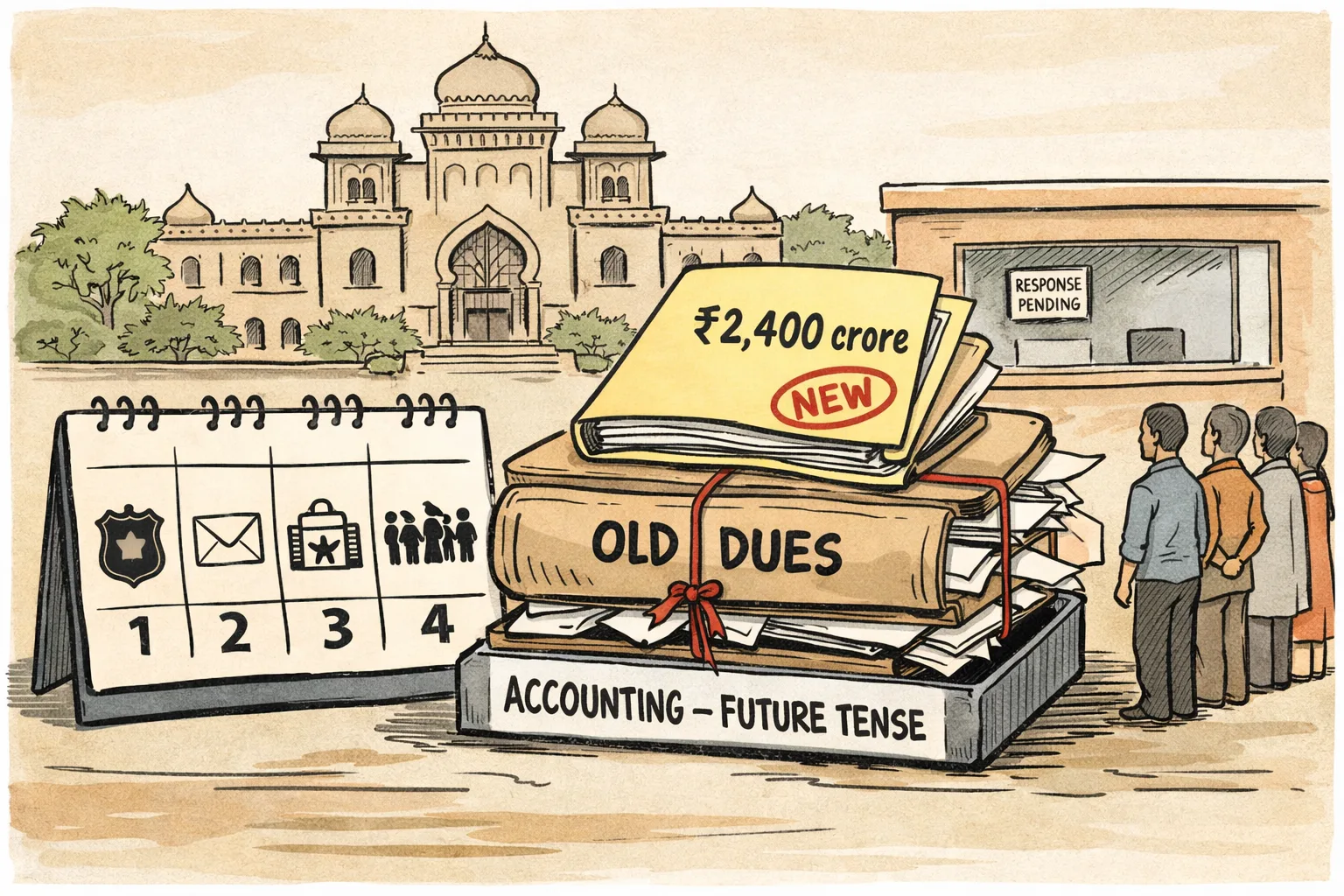 A Telangana government office desk holds a protest calendar, an unopened file labelled old dues and a new annual framework folder, while a small queue waits beside a counter marked response pending.