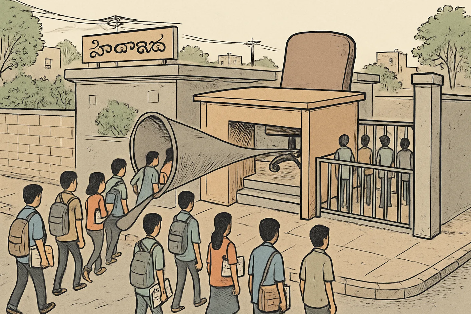 A hand-drawn cartoon showing young figures with books and documents funnelled into a large grey institutional structure labelled with bureaucratic symbols, set on a Hyderabad street corner.