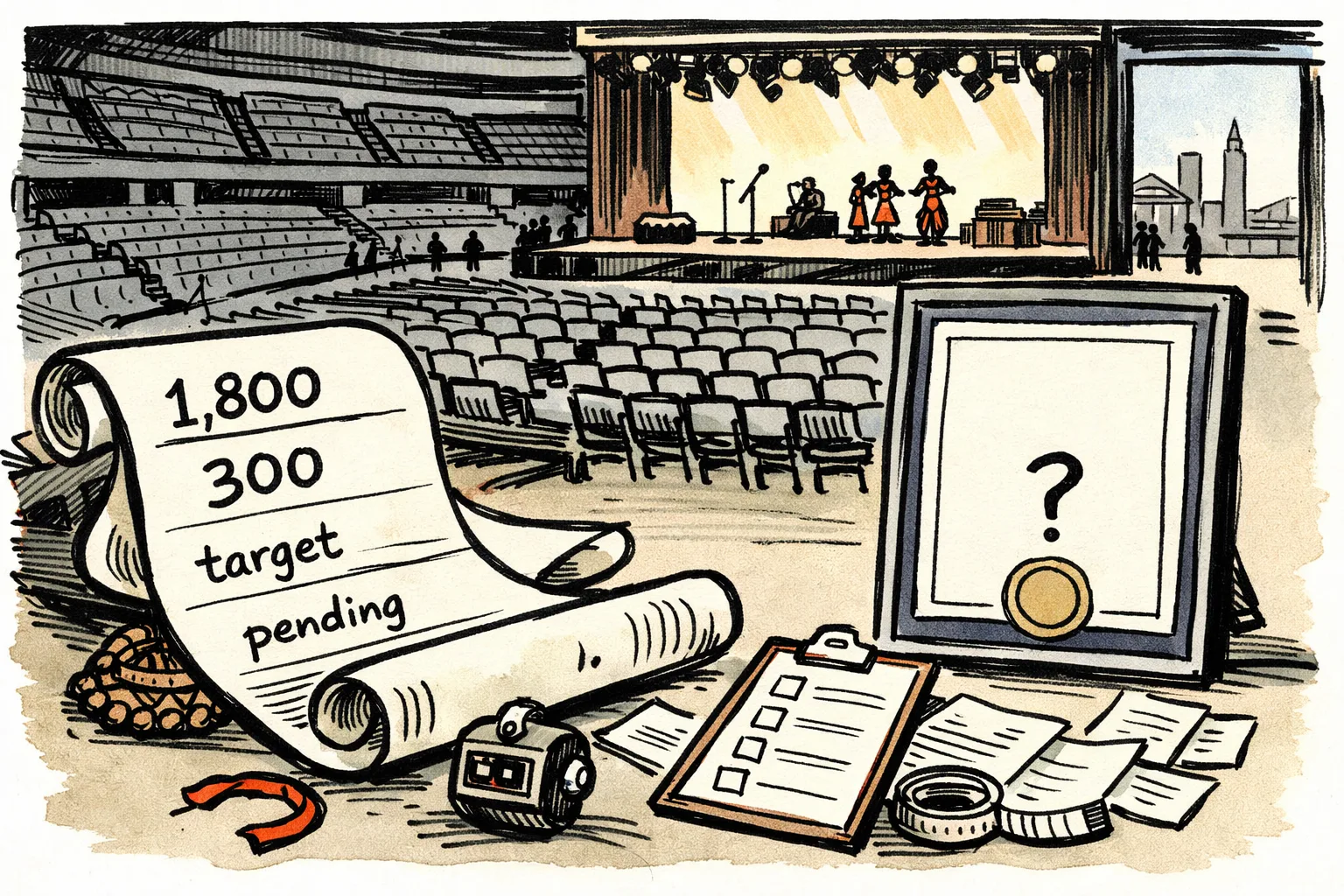 An oversized Telugu cultural programme poster rests on an Oakland Arena stage, with numbered seating blocks, counting sheets and a Guinness-style certificate marked pending spread across the foreground.