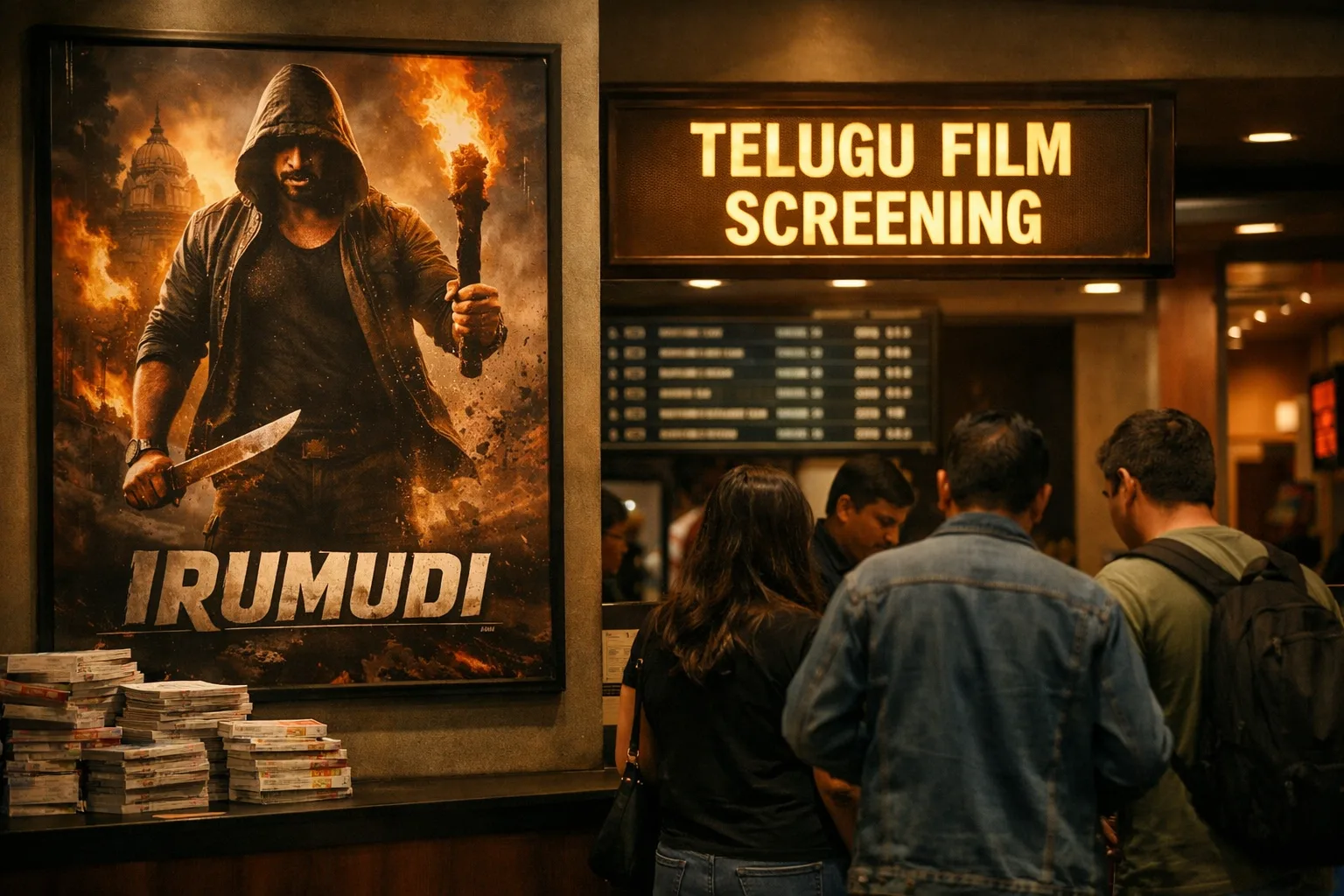 A cinema foyer displays an Irumudi poster beside an overseas screening entrance, with indistinct moviegoers and ticket stubs in the foreground.