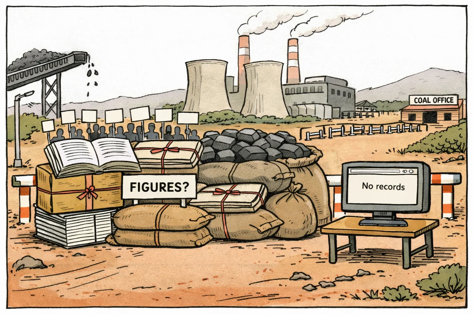 A barricade made from blank files and coal sacks blocks a Telangana thermal power station, while a nearby computer shows “No records” and a stopped coal conveyor sits in the background.