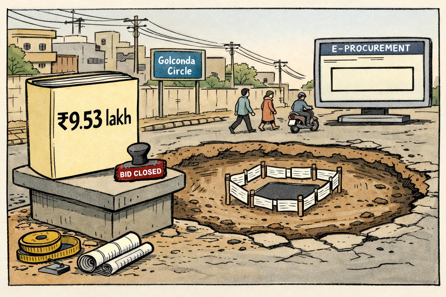 A large ₹9.53 lakh tender file and a BID CLOSED stamp sit beside an untouched pothole on a Hyderabad approach road, while municipal paperwork stands in for the missing concrete patch.