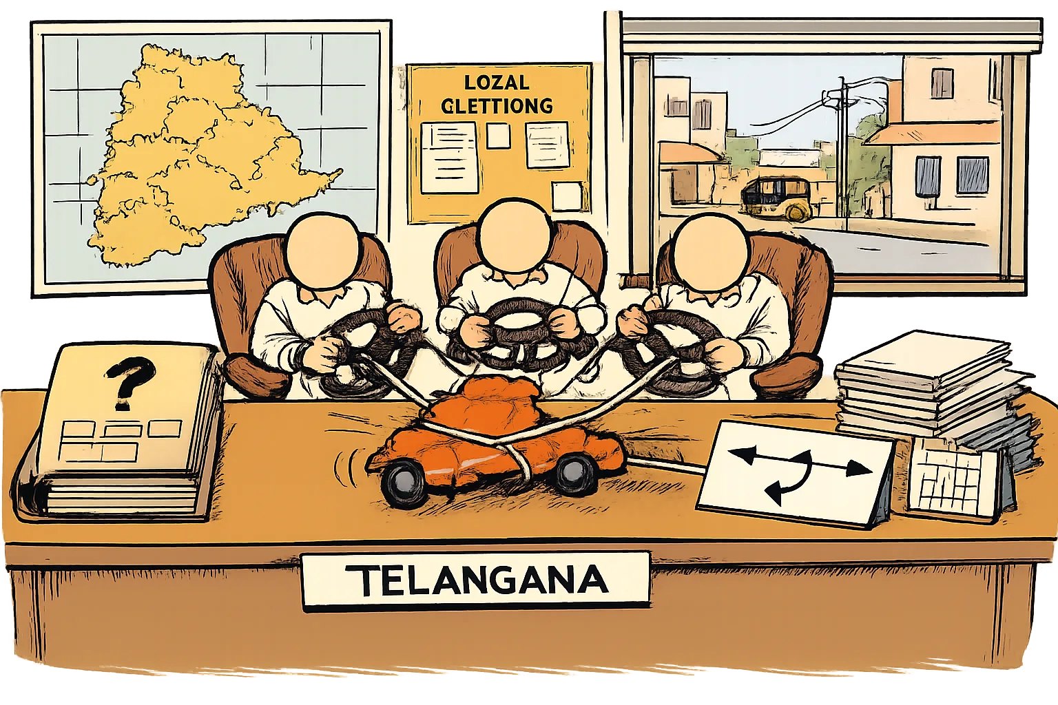 Three anonymous officials pull separate steering wheels on a small Telangana-shaped vehicle beside a blank organisational chart and a question-marked file.