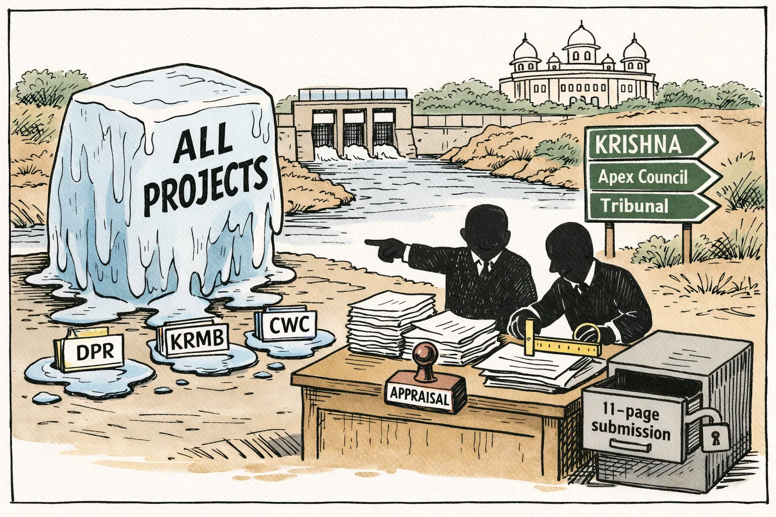 A giant ice block labelled “ALL PROJECTS” melts beside a Krishna canal into puddles beneath folders marked “DPR”, “KRMB” and “CWC”, while officials measure the paperwork at a desk.
