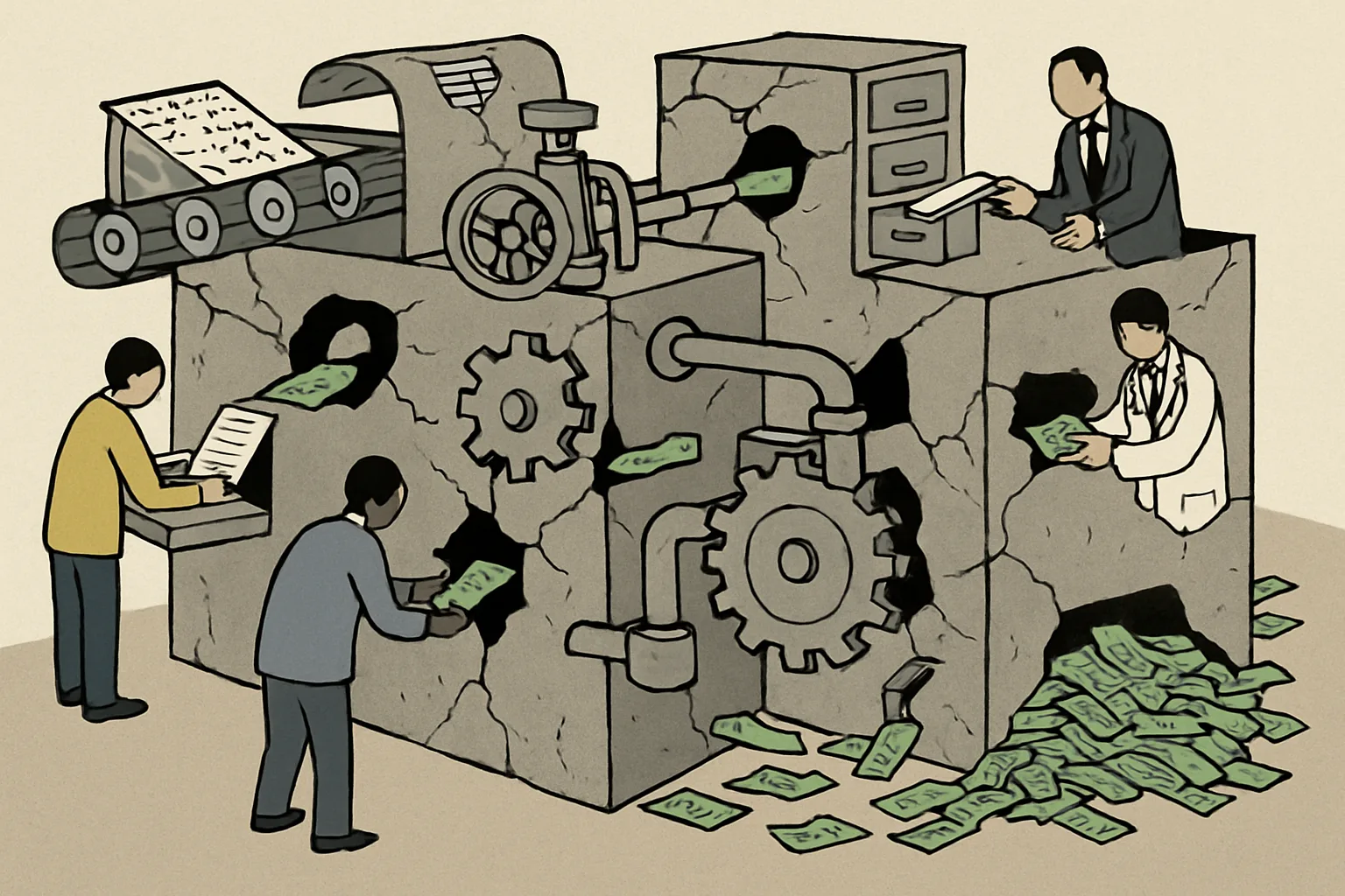 An editorial cartoon showing a large institutional machine—examination apparatus with gears, conveyor belts and filing systems—visibly compromised by holes and cracks. Currency notes spill through gaps and pool beneath. Faceless small figures stand at breach points exchanging money and documents. The machine continues to run despite the leaks.