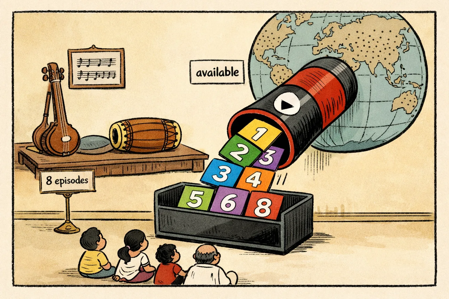 A cartoon music room contains a giant globe-fed streaming pipe pouring eight numbered episode cards into a small viewing box, beside a tanpura and mridangam.