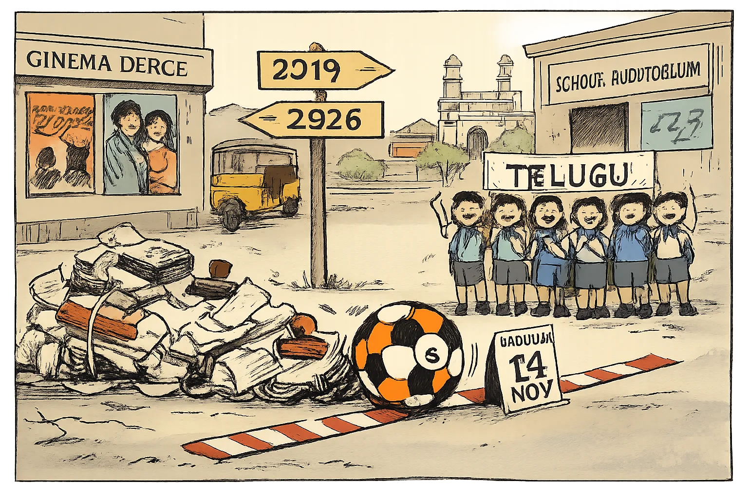 A football and tangled stack of film paperwork cross a finish line marked 14 November, with arrows pointing to 2019 and 2026 and schoolchildren waiting beside a Telugu welcome banner.