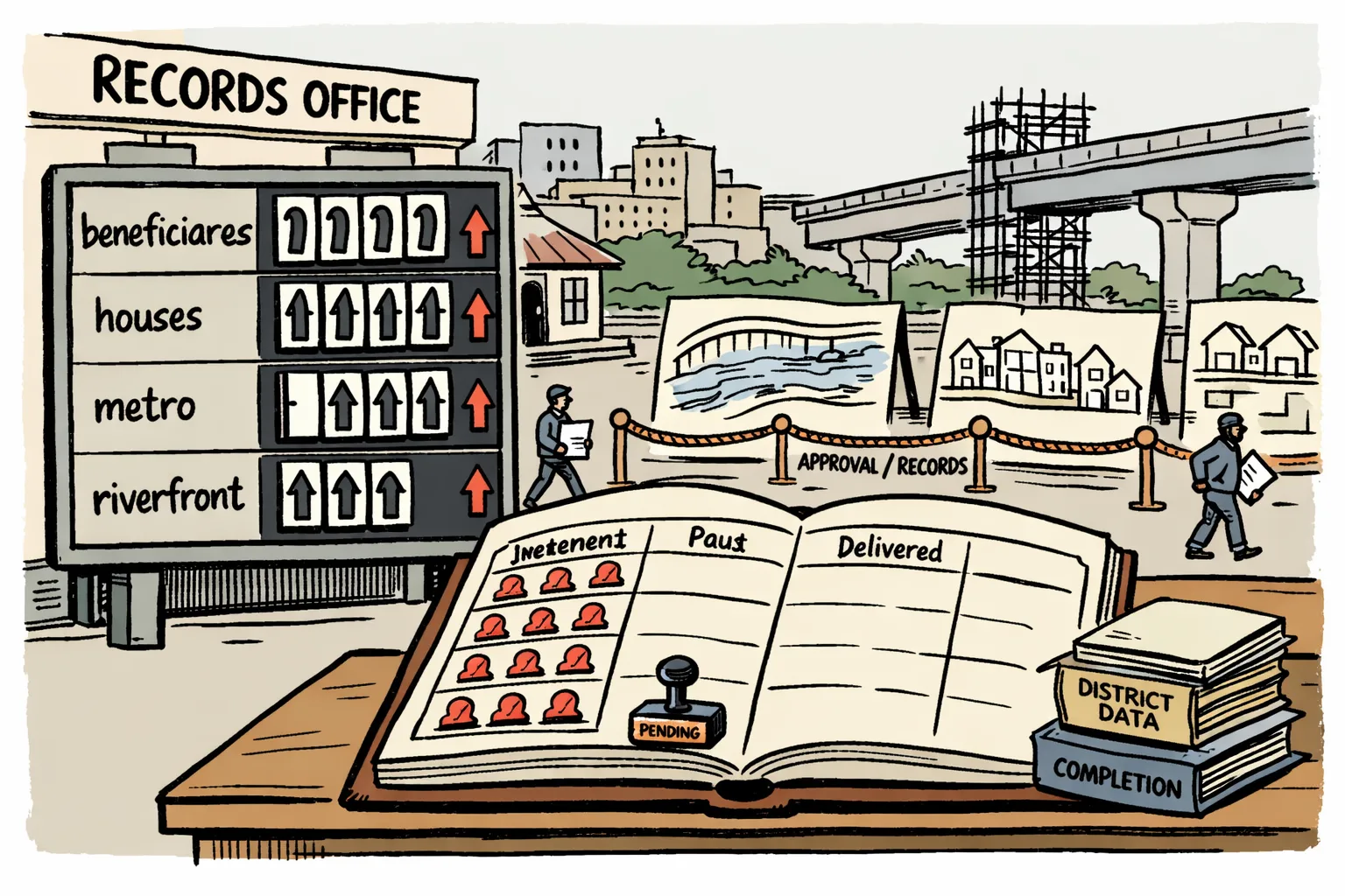 A Telangana government scoreboard shows large welfare and project numbers beside an open ledger whose paid and delivered columns are blank, with unfinished metro, riverfront and housing plans in the background.