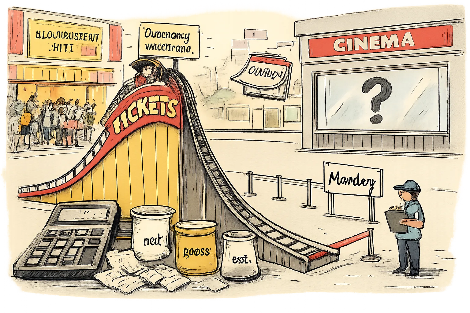 A Hyderabad cinema ticket counter rises steeply for the opening weekend and drops into a nearly empty Monday queue, beside mismatched receipts, a calculator and a question mark.
