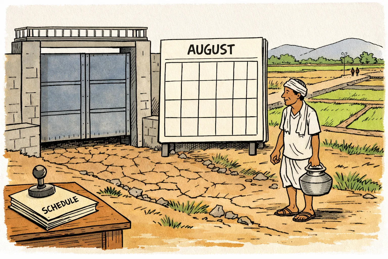 A dry Nagarjuna Sagar Left Canal gate stands beside a large wall calendar turned to August, while a farmer waits with an empty water pot and a Telangana field lies dry beyond it; officials’ desks with unopened files sit in the background.
