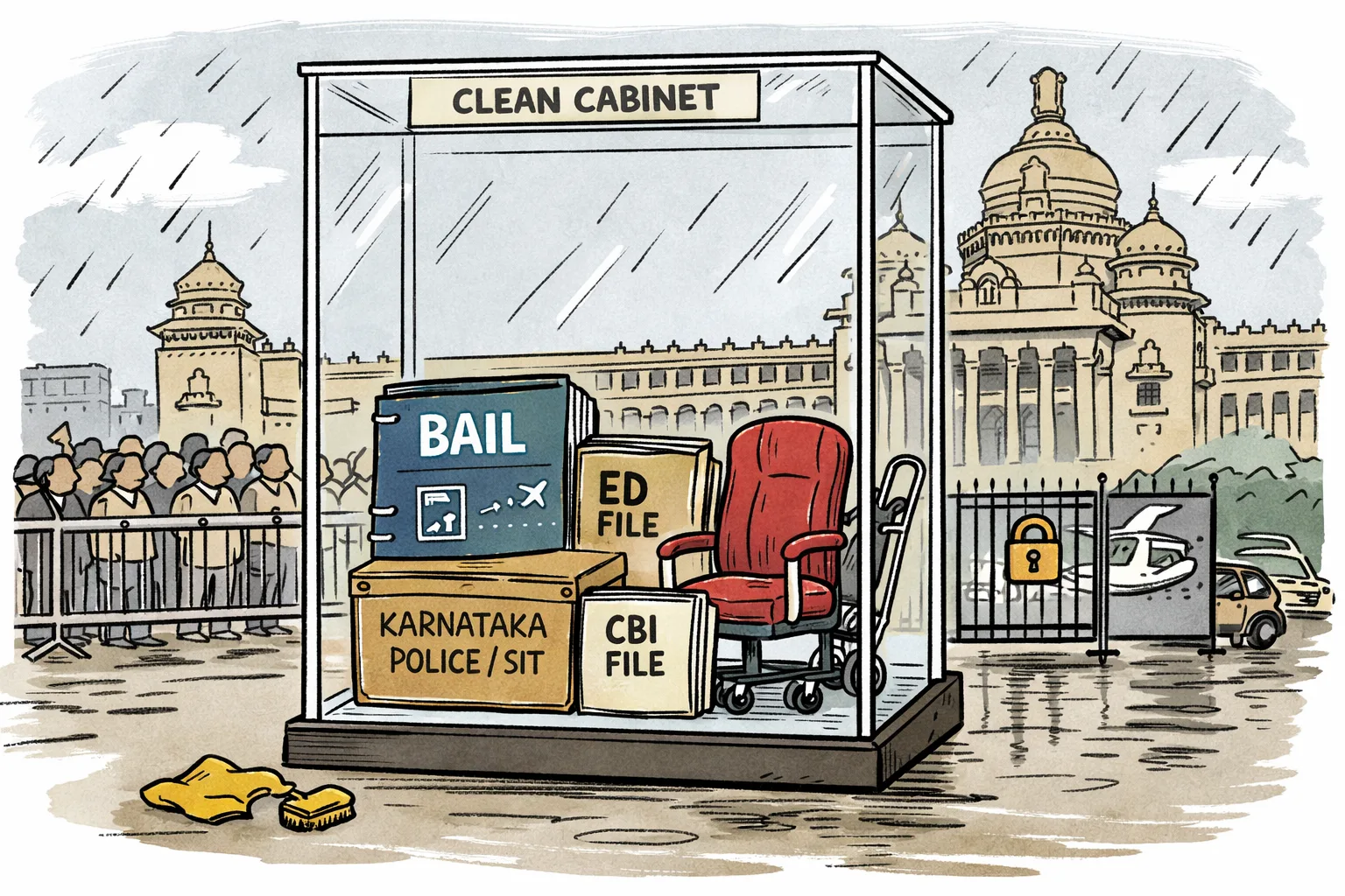 A transparent cabinet outside Bengaluru’s Vidhana Soudha appears spotless outside but contains a bail file, ED and CBI folders and a police evidence box, while an indistinct crowd stands behind a barricade.