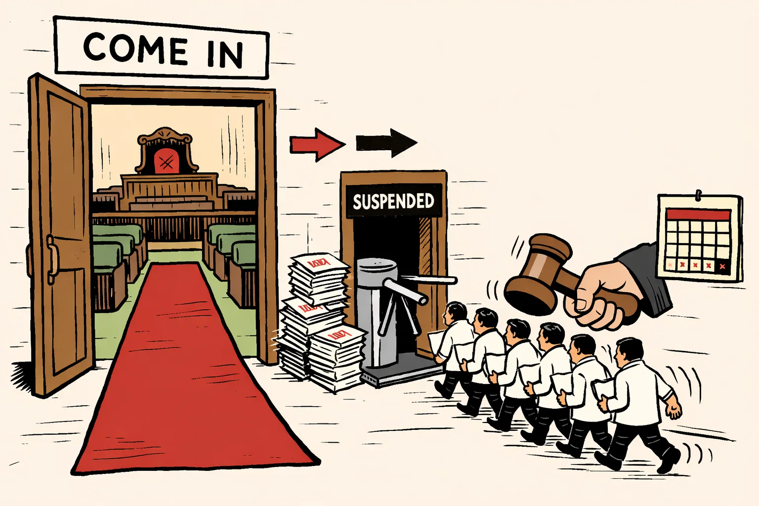 Inside a Telangana Assembly-style chamber, a doorway marked “COME IN” leads to a red-carpeted entrance beside a narrow turnstile marked “SUSPENDED”; legislators carrying papers are directed back outside.