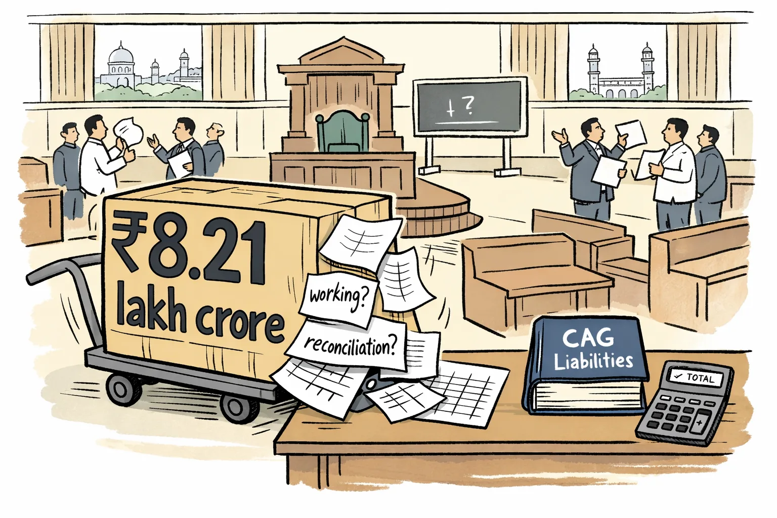 Inside the Telangana Assembly, a giant cart carrying an unworked ₹8.21 lakh crore claim approaches a chamber while a smaller completed CAG liabilities ledger sits beside a calculator and unfinished sum.