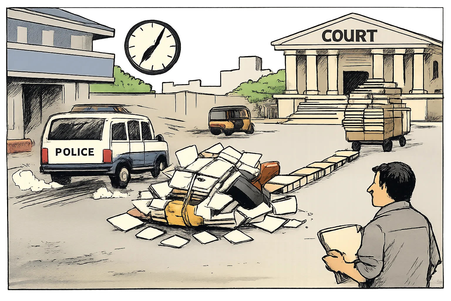 A generic police vehicle leaves a Hyderabad police station while loose legal papers fall behind it, with a court building and a trolley of unopened files in the background.