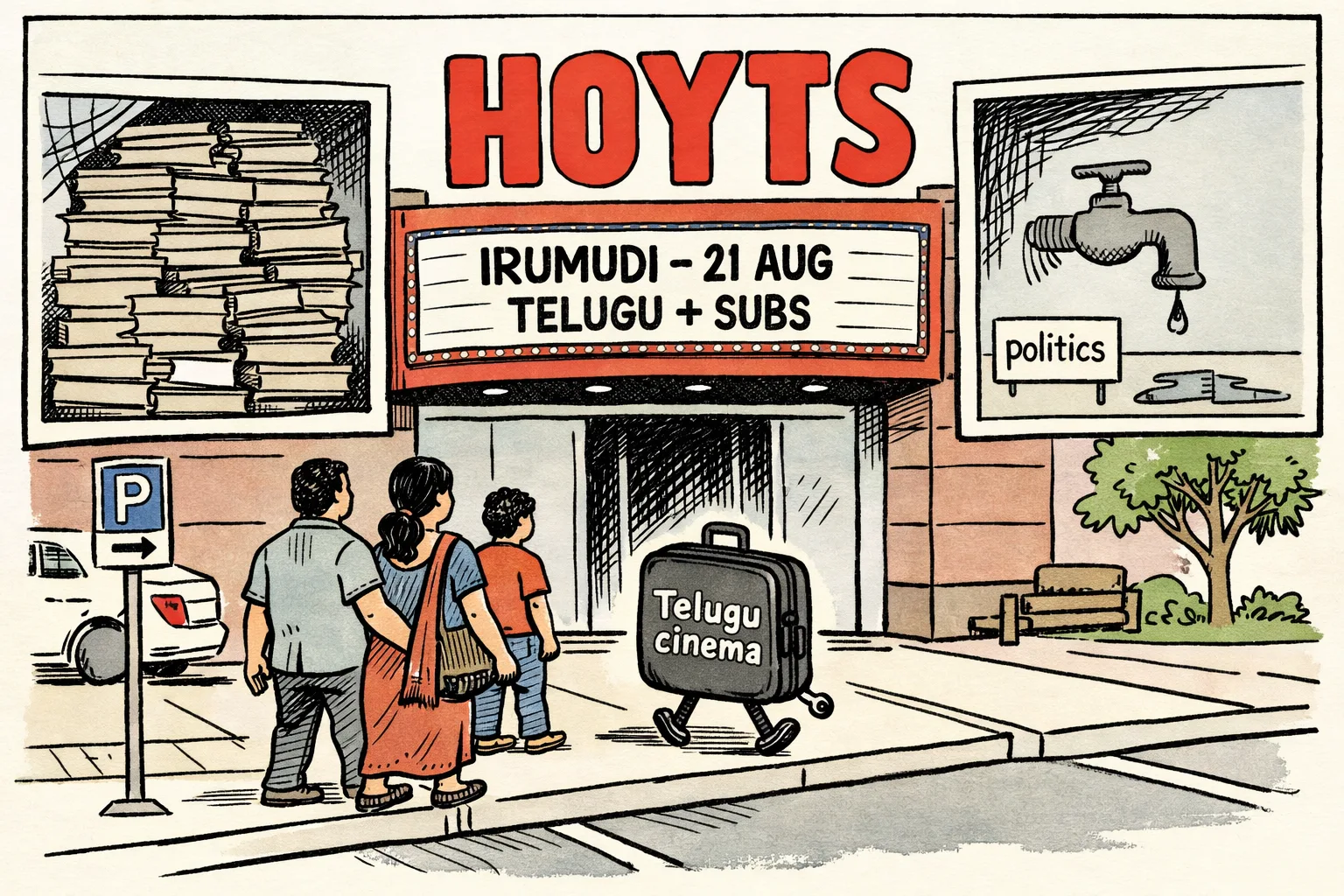 A HOYTS cinema marquee in Australia displays a Telugu film listing with English subtitles, while a small suitcase marked ‘Telugu cinema’ rolls past stacked approval files and a locked office window labelled ‘permission’.