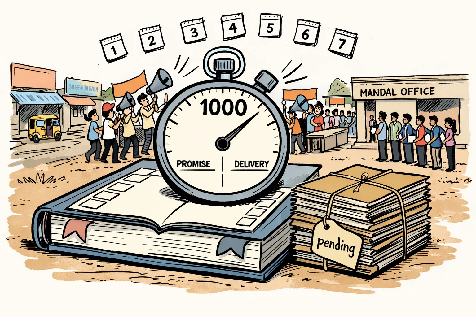 A giant stopwatch marked 1000 sits on an open promise ledger and a stack of pending fee-reimbursement files as anonymous campaign workers circle it with loudspeakers and seven calendar pages.