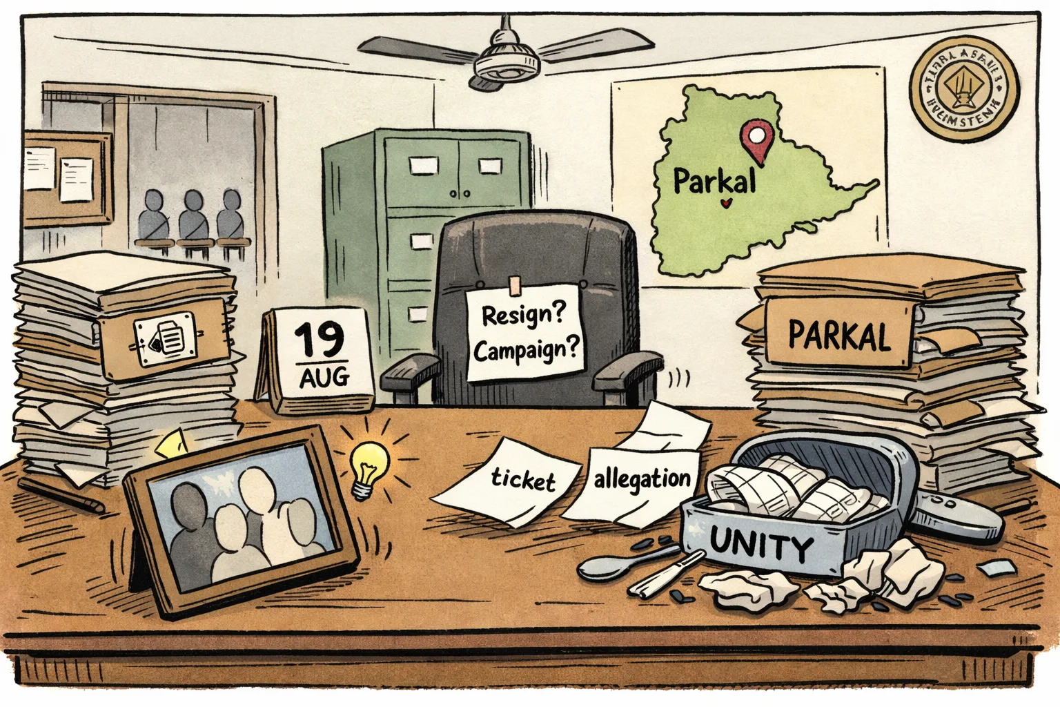 A Telangana government office desk is buried under Parkal and ticket files, with a wobbling blank family-photo frame, a spilled lunchbox labelled UNITY and an empty chair facing a challenge note.