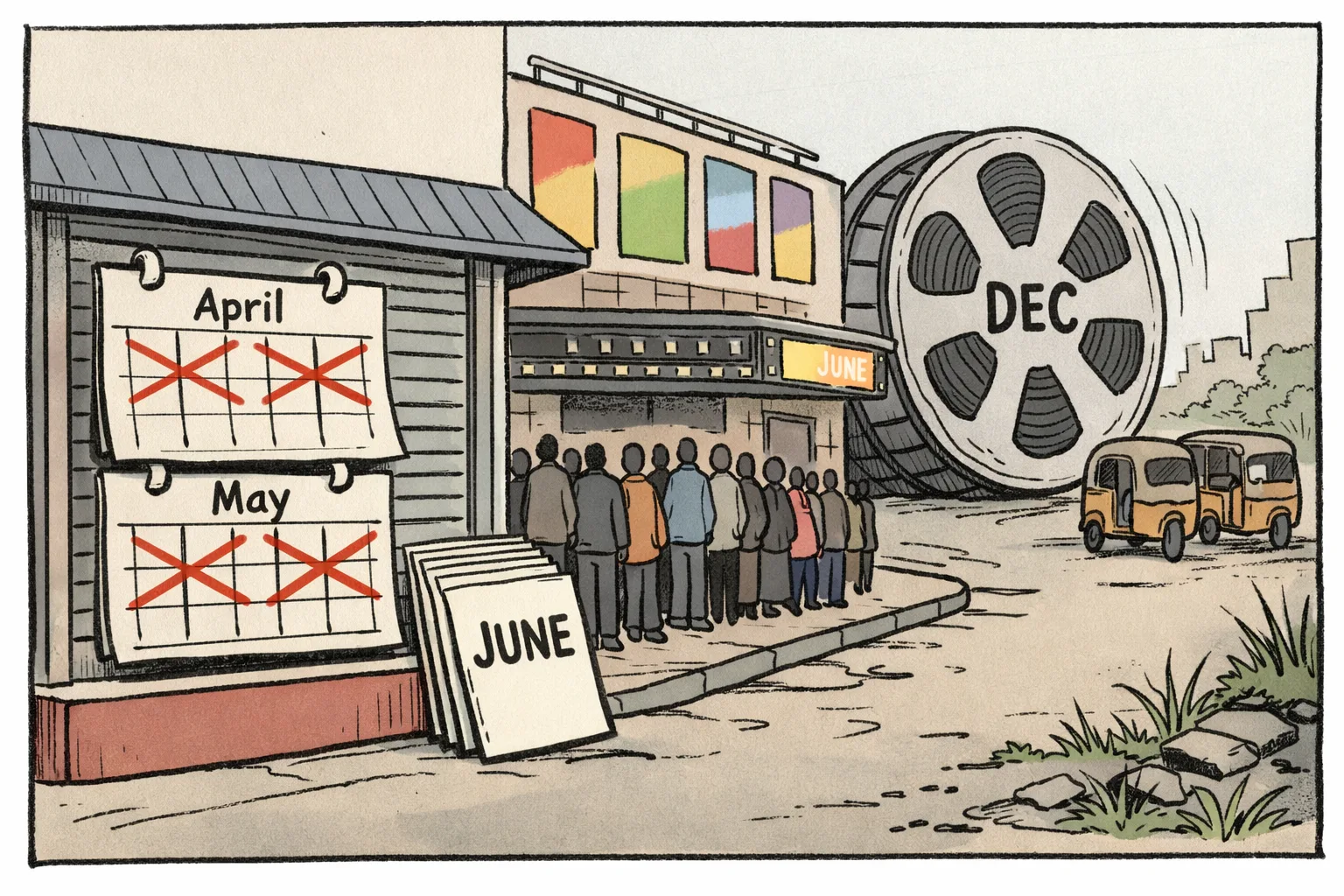 A nearly empty Telugu cinema street in Hyderabad has a calendar-shaped ticket counter showing April and May crossed out, while a long queue waits beneath a sign pointing toward June and December; film reels and postponed release cards are piled beside the shutter.