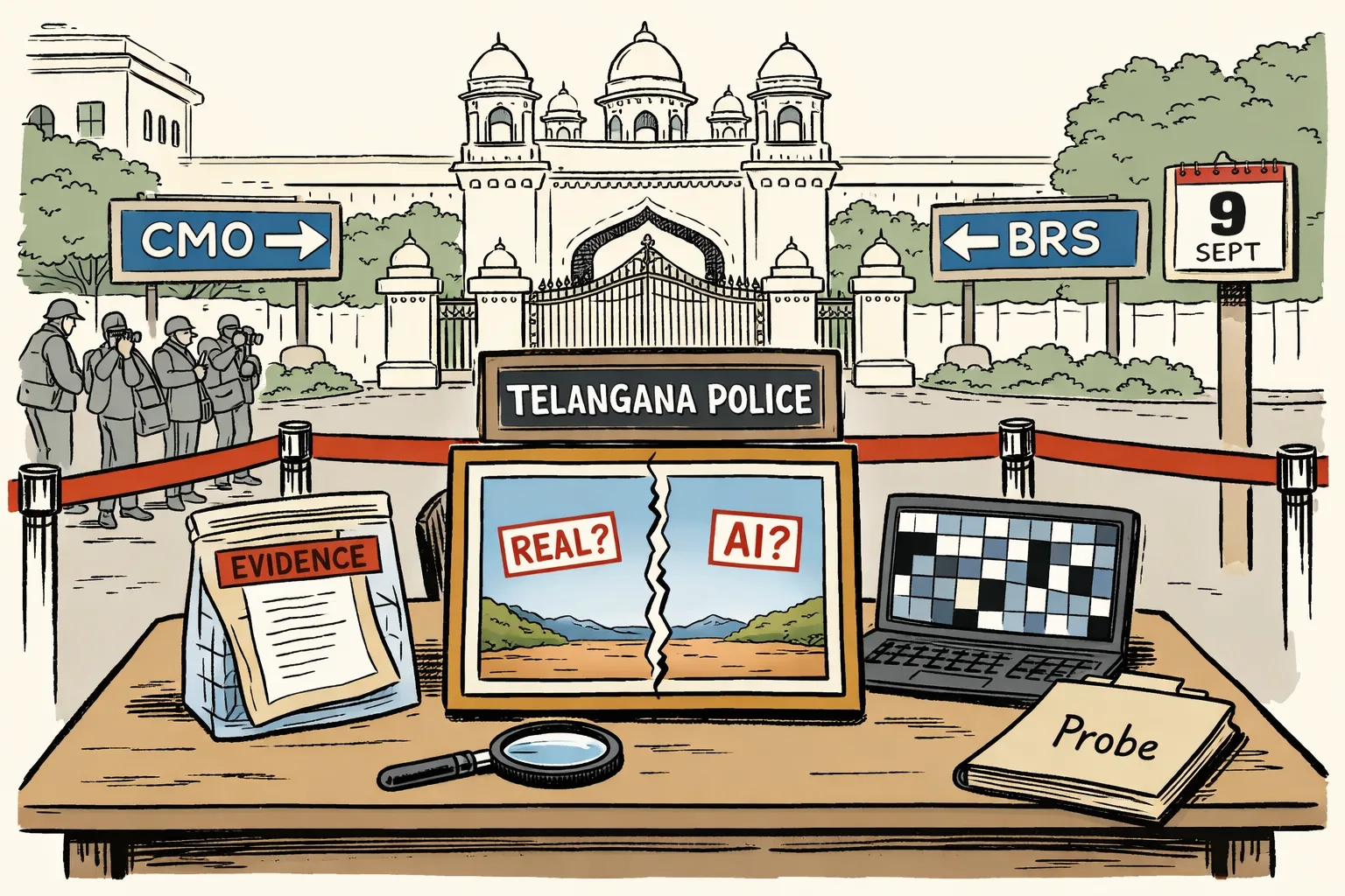 A split photograph marked “REAL?” and “AI?” sits on an evidence table outside the Telangana Assembly gates, surrounded by a complaint file, forensic equipment and an empty police chair.