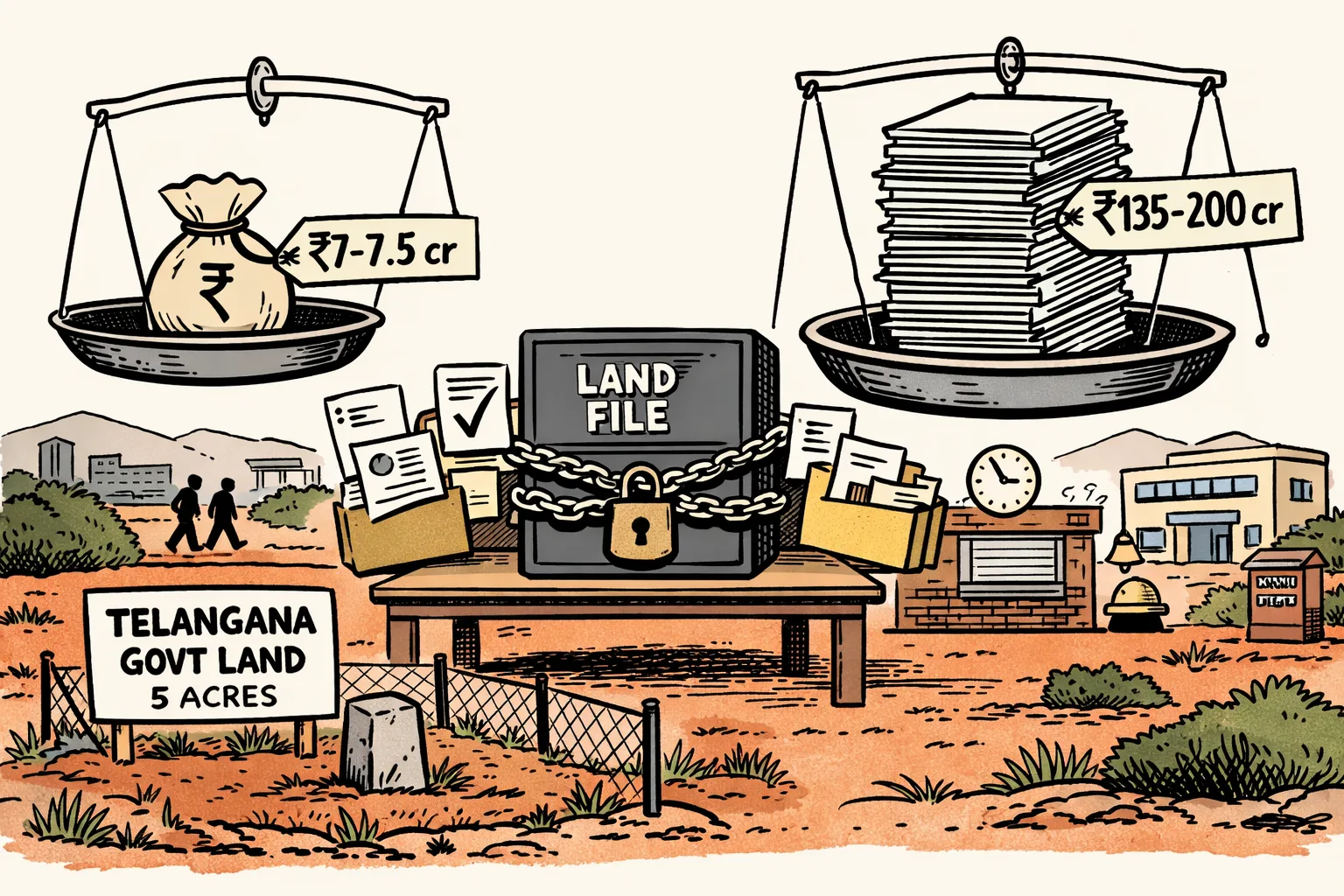 A locked cabinet labelled land file sits beside a five-acre plot between two oversized scales carrying sharply different rupee valuations, with a legislative chamber and government offices in the background.