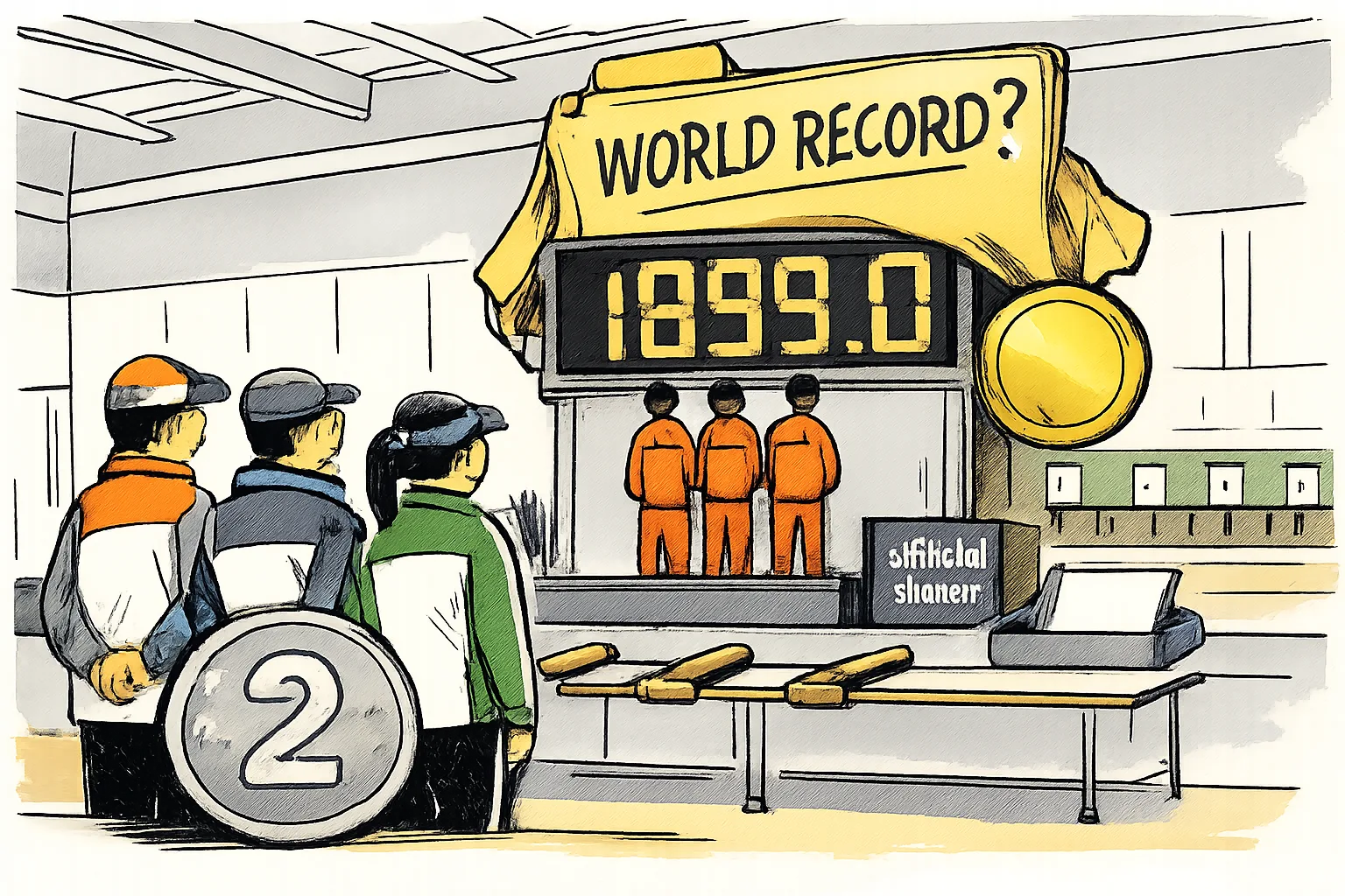 Three anonymous Indian shooters stand beside a silver medal and a scoreboard, while a giant gold medal and a file marked ‘WORLD RECORD?’ loom over an empty official results-sheet tray.