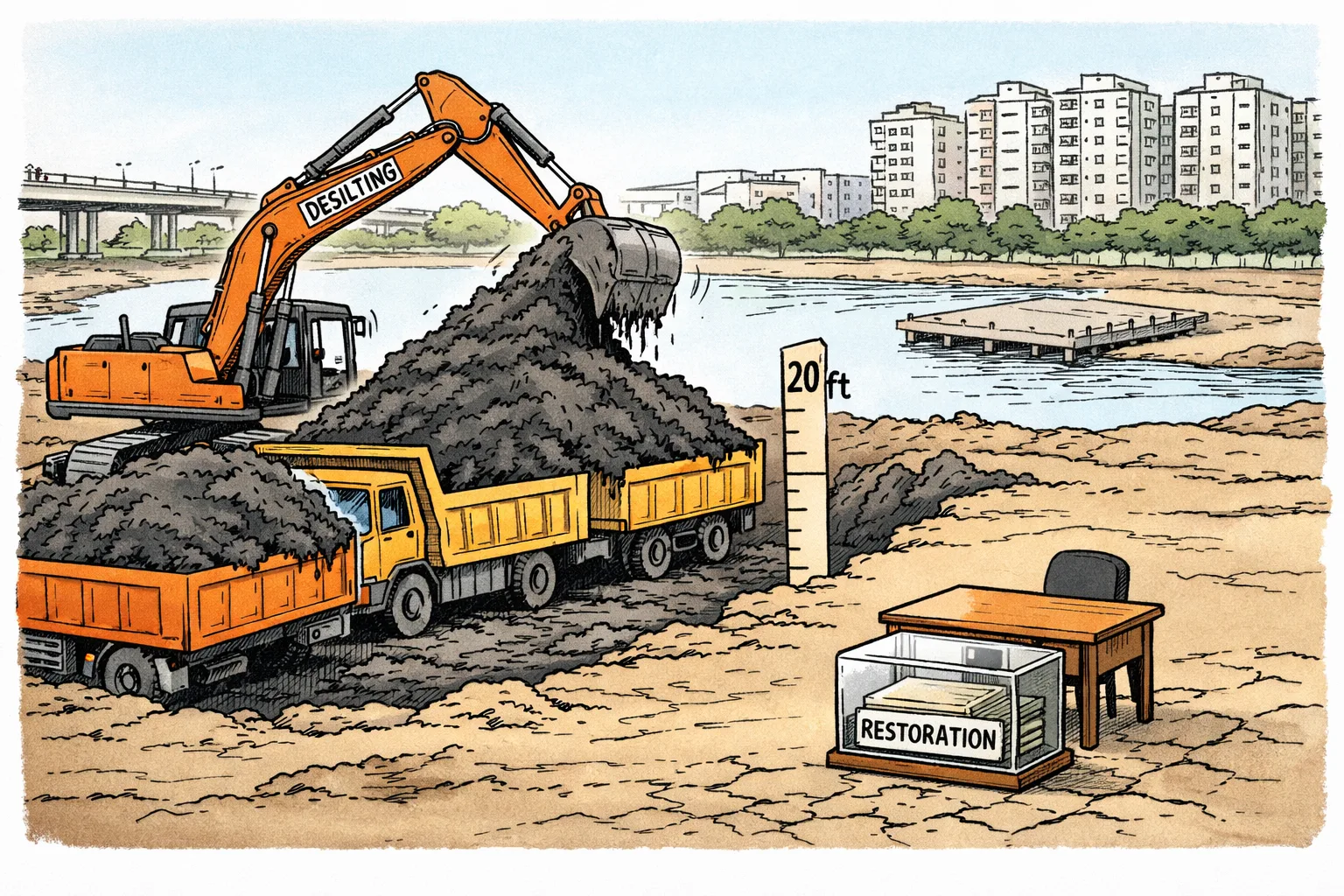 An earth mover removes a tall wall of silt from a muddy Hyderabad lake while an empty desk beside it holds a covered restoration file.