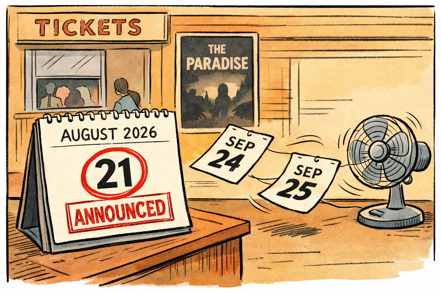 A cinema calendar shows August 21 circled in ink while two loose date cards marked September 24 and September 25 drift beside it, with an official film announcement pinned firmly to a Hyderabad theatre noticeboard.