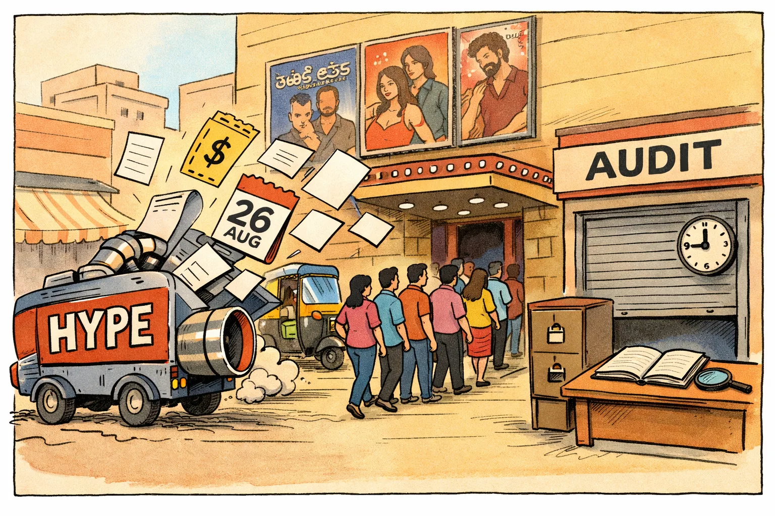 A Hyderabad multiplex is beside a publicity machine spraying ticket stubs and claim sheets, while a small locked office marked “AUDIT” contains an empty ledger.