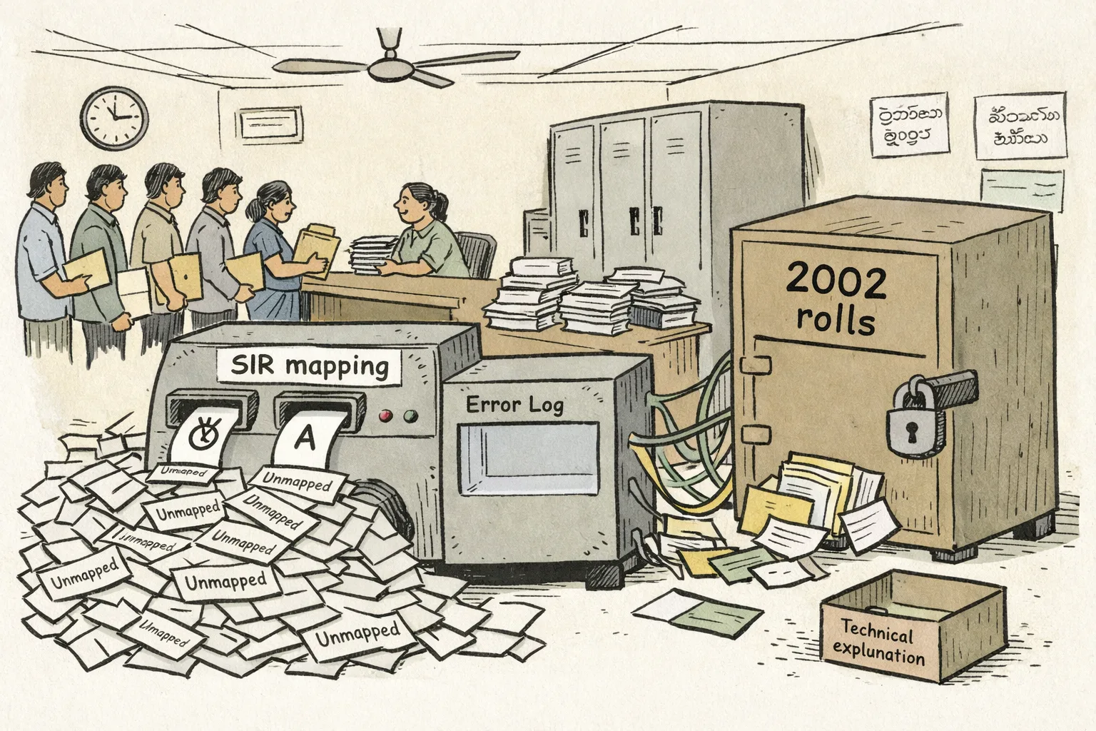 In a Telangana election office, a machine labelled SIR mapping issues a pile of unmapped notices while an empty error-log box sits beside old electoral files, forms and waiting voters.