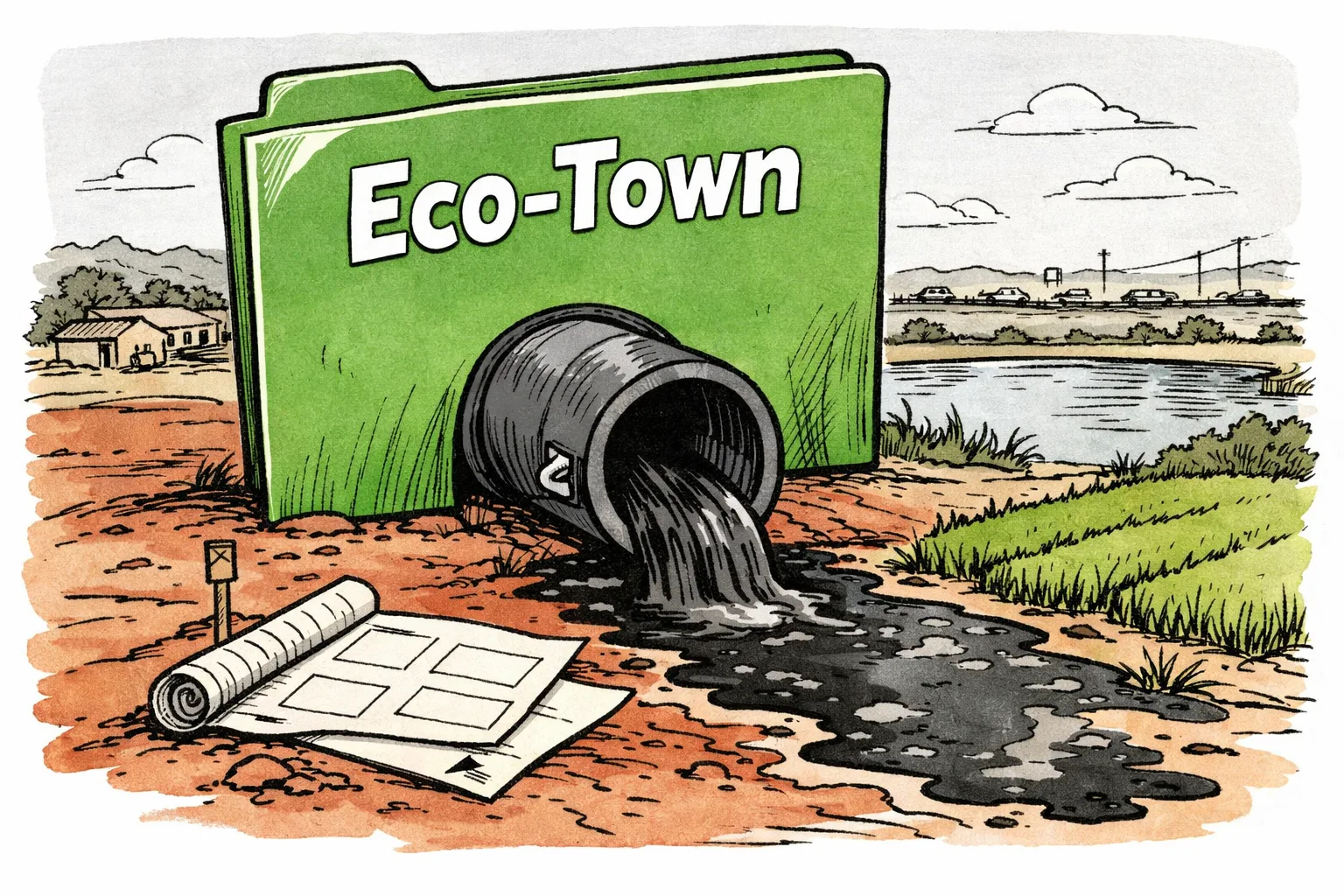 A Telangana village landscape with green fields and a water tank beside a huge official folder labelled “Eco-Town”; pipes from the folder pour black waste toward the fields while a small sign points to Siddapur.