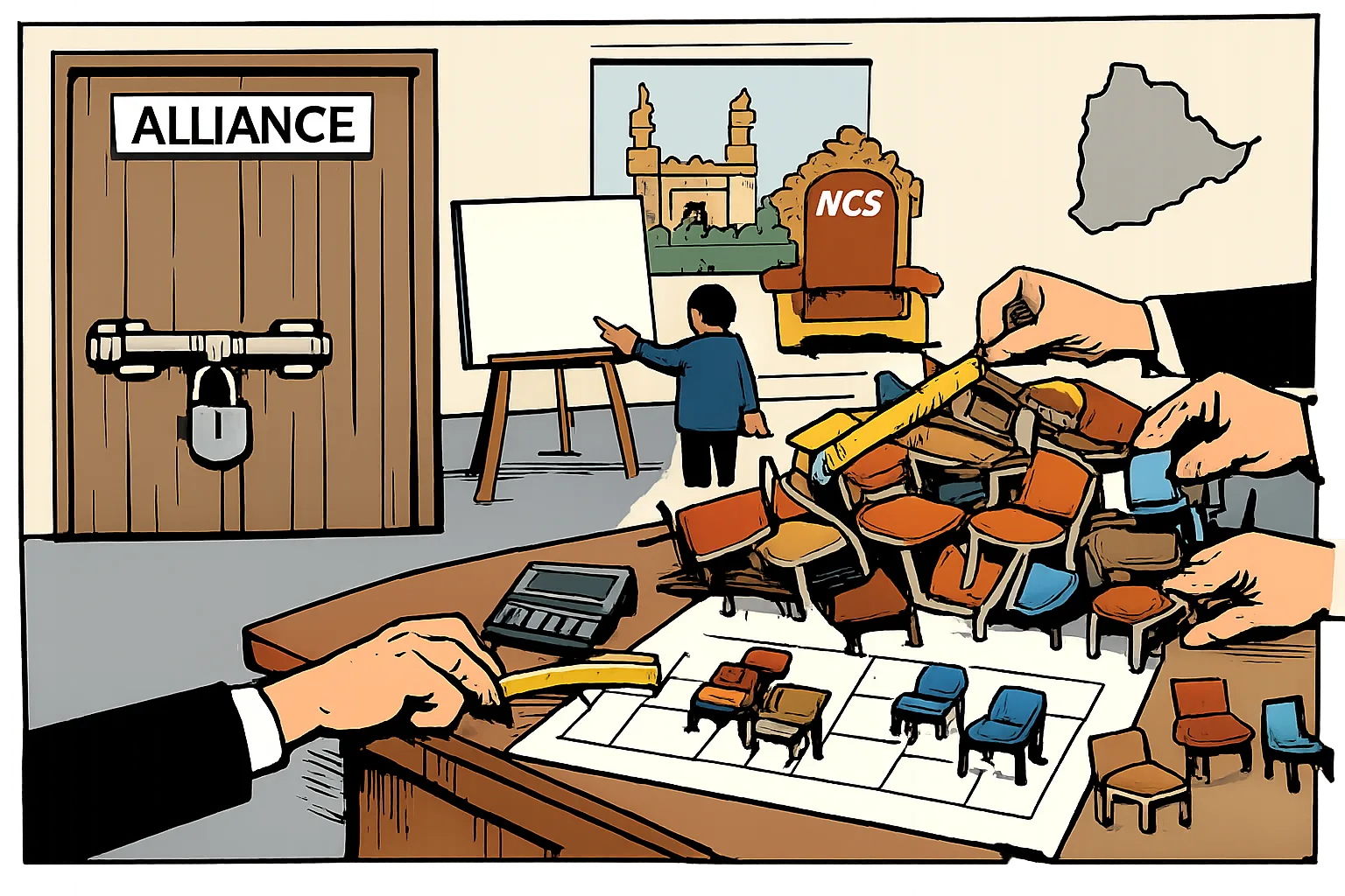 A locked door marked alliance stands beside a forecast podium pointing to a chair labelled KCR, while officials count mismatched chairs and unfinished seating charts on a desk.