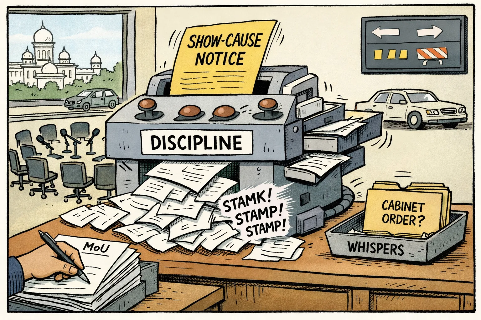 A cartoon office machine labelled “DISCIPLINE” stamps papers and feeds them back into a circle of microphones, while an untouched “CABINET ORDER?” folder sits in a tray marked “WHISPERS”; Hyderabad government buildings appear outside.