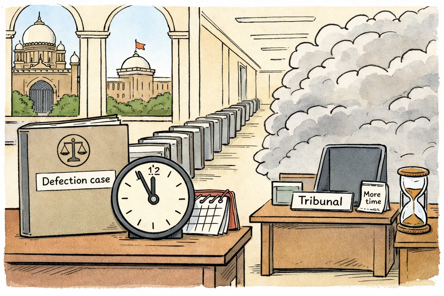 A Telangana High Court file marked with a small court seal sits on a desk beneath a stopped clock, while a second desk labelled Speaker’s Tribunal holds an empty records folder and an hourglass. A long queue of identical case files stretches into a hazy corridor, with Hyderabad’s Secretariat and Assembly buildings visible outside.