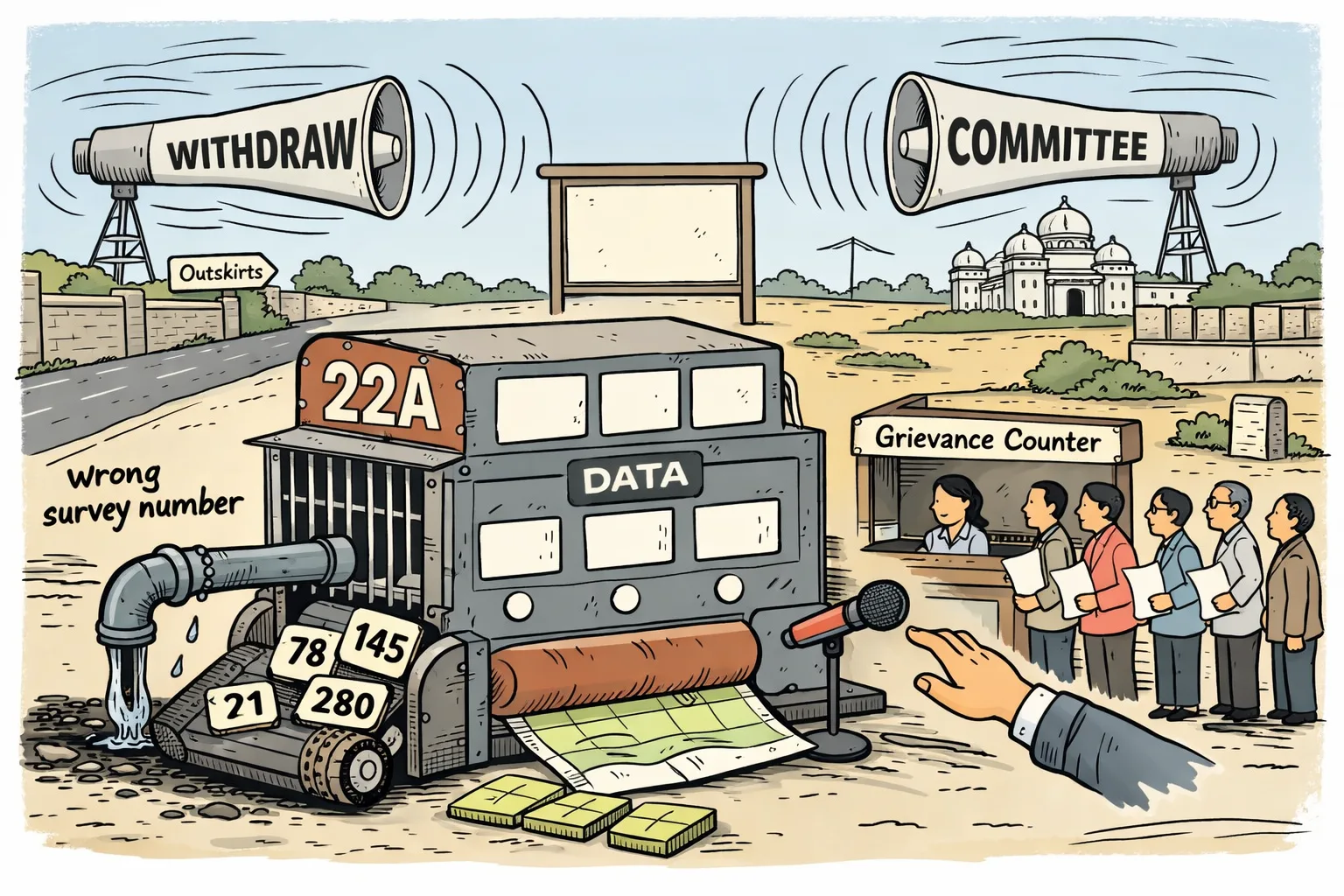 A faulty machine marked 22A swallows survey-number tiles beside a grievance counter, while an empty data dashboard and two opposing political megaphones dominate a Telangana street scene.
