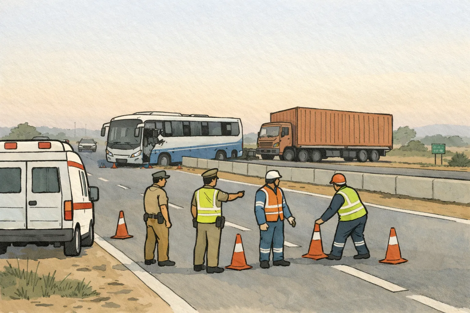 Police and emergency responders stand beside a damaged bus and container truck on a highway near Kodad at dawn, with cones and an ambulance in the foreground.