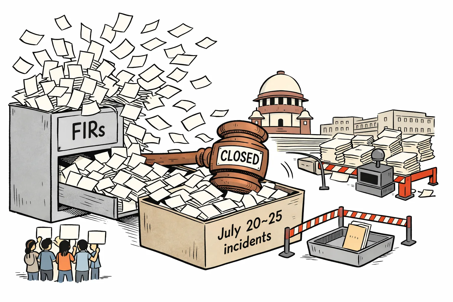 A giant cabinet marked FIRs spills papers across a courthouse office, while a gavel marked CLOSED pins most files into a box and one thin Delhi file remains in a separate tray.