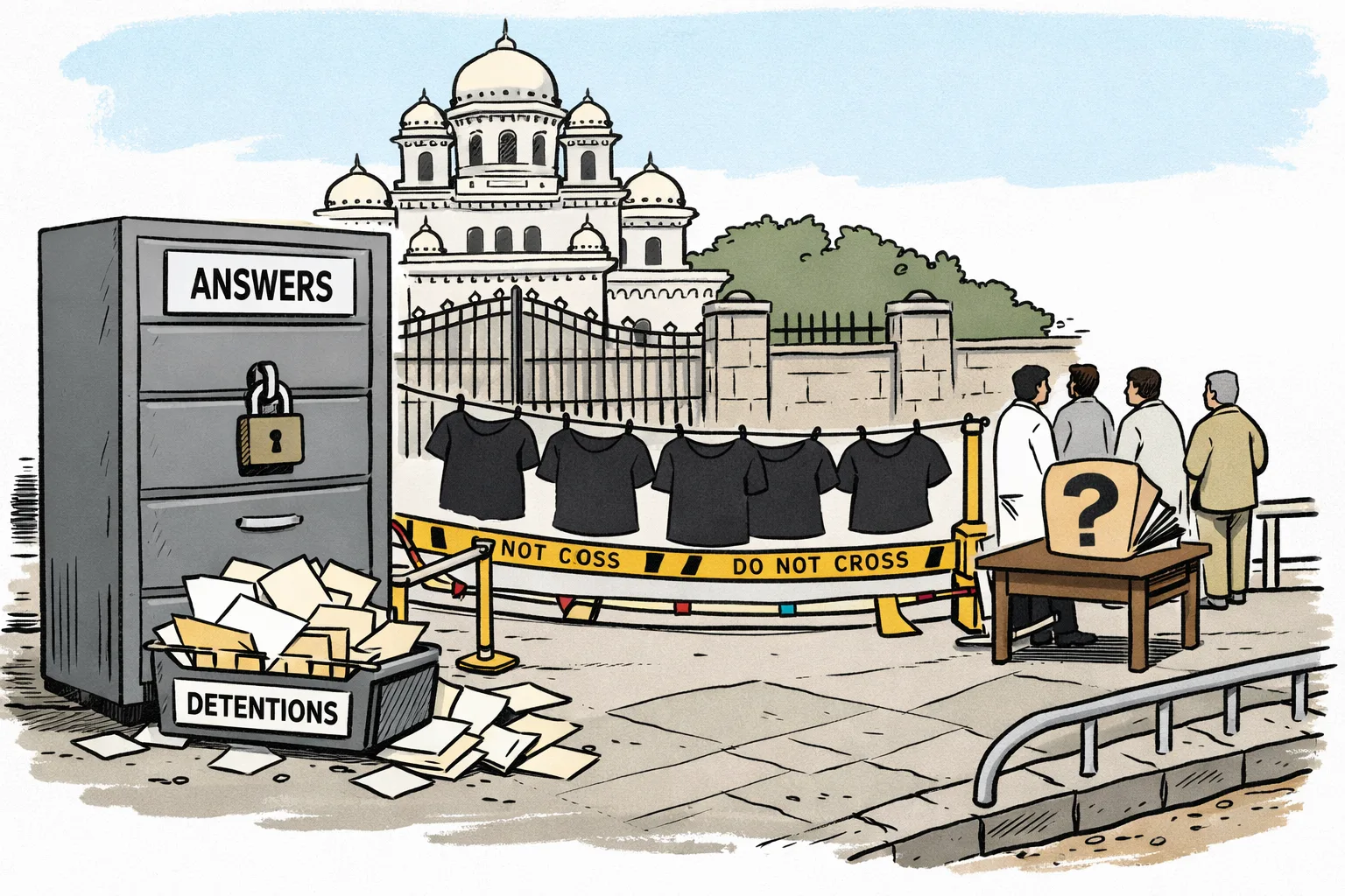 A police barricade outside the Telangana Assembly blocks blank black T-shirts, while an empty cabinet labelled “ANSWERS” and detention paperwork sit beside the cordon.