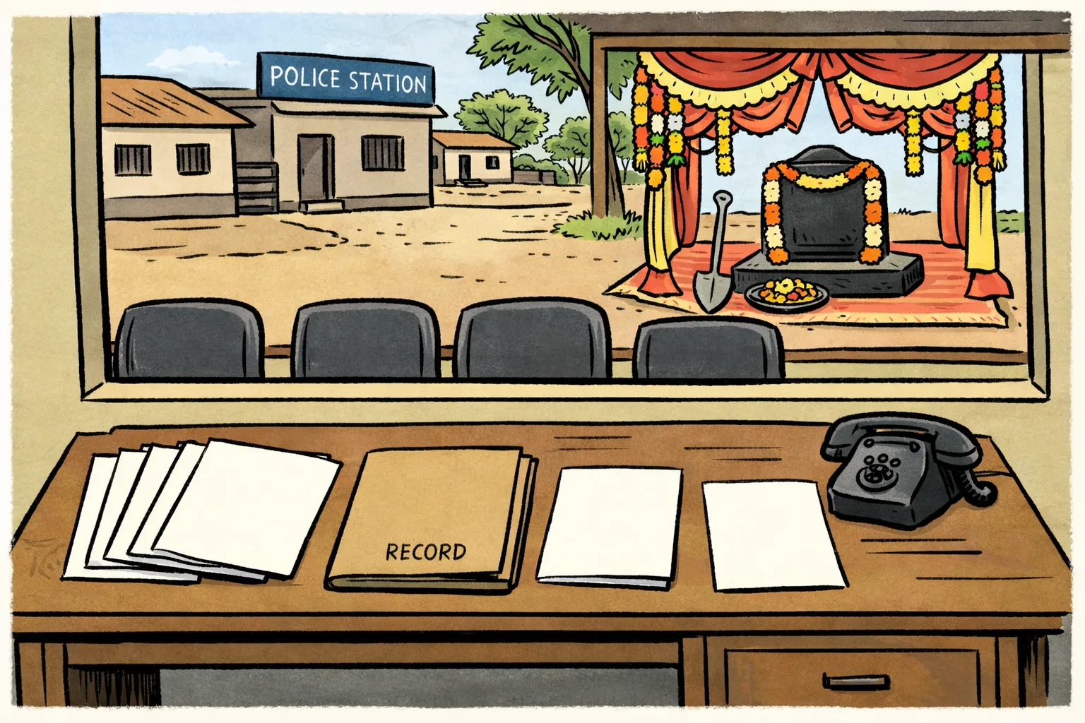 A Telangana police station desk covered by blank detention paperwork, with a ceremonial bhoomi puja foundation stone visible through the window and four empty chairs lined up outside.