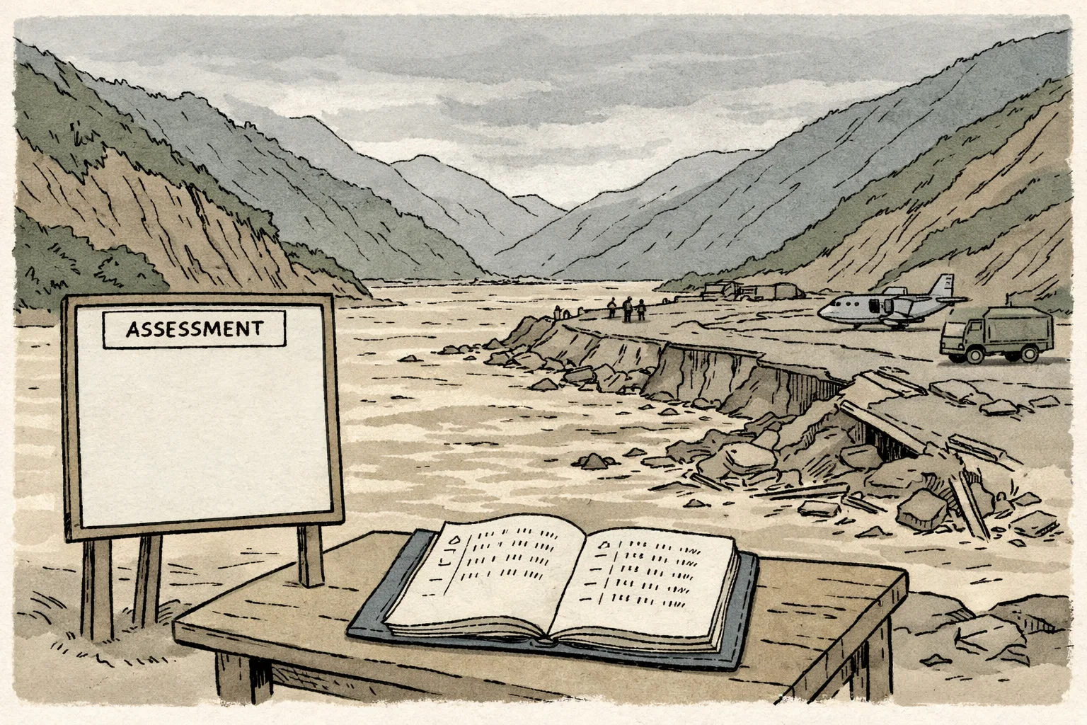 A muddy Himalayan river valley after flooding, with damaged roads and a bridge approach, an empty assessment board and ledger in the foreground, and distant relief workers, a truck and an aircraft under grey skies.