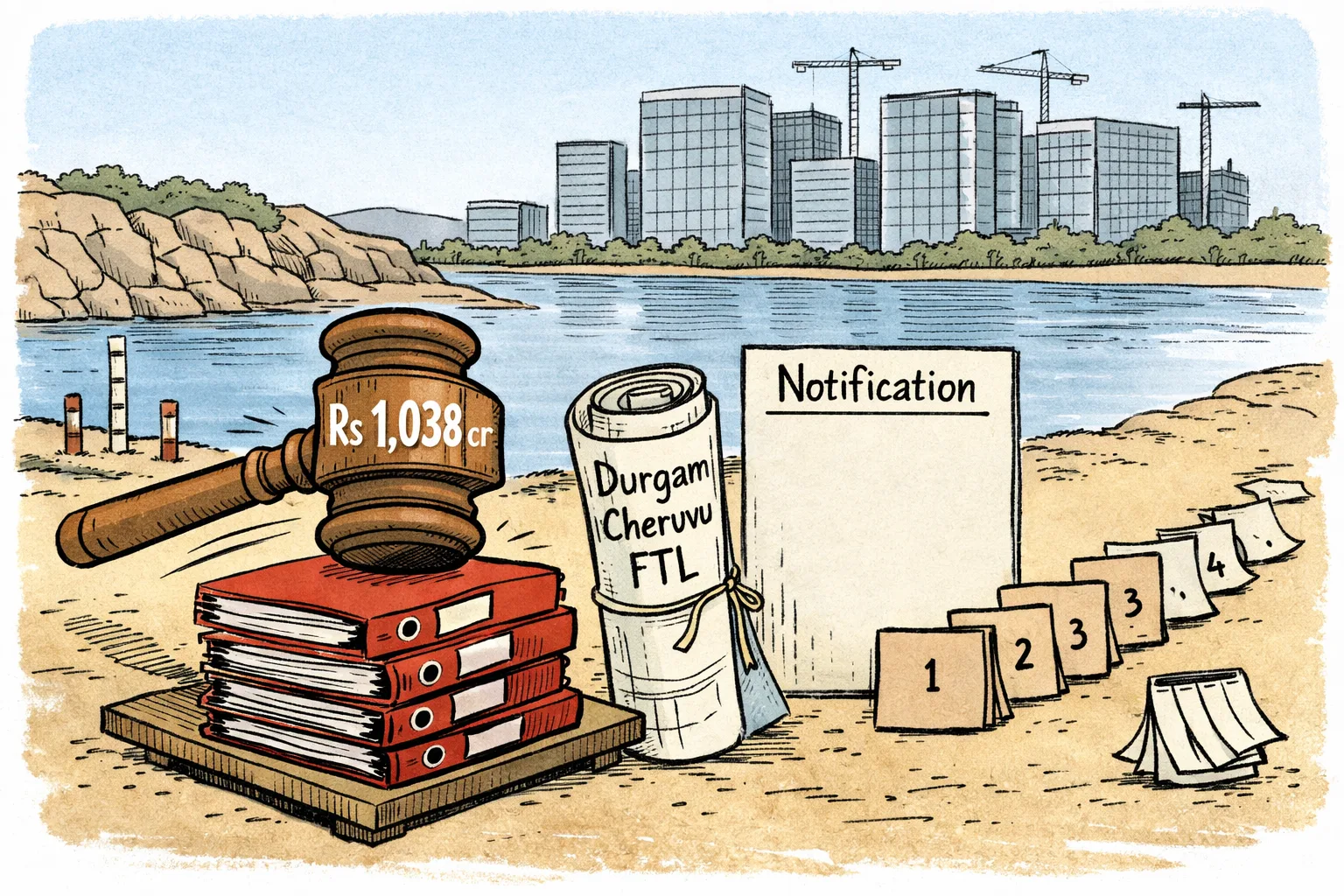 A Telangana government auction hammer rests on a giant stack of crore-marked property files beside a rolled-up Durgam Cheruvu FTL map, while a small Lake Protection Committee notice board remains blank.