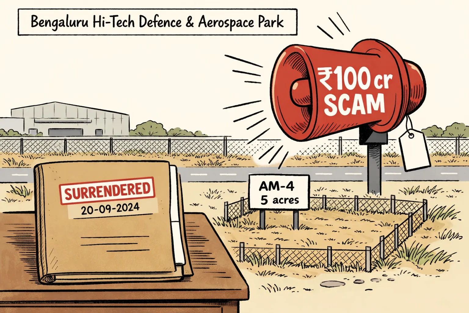 An oversized red scandal alarm stands beside a five-acre KIADB plot marked Plot AM-4, while an official surrender document lies stamped on a desk and a tiny empty price tag reads ₹100 crore.